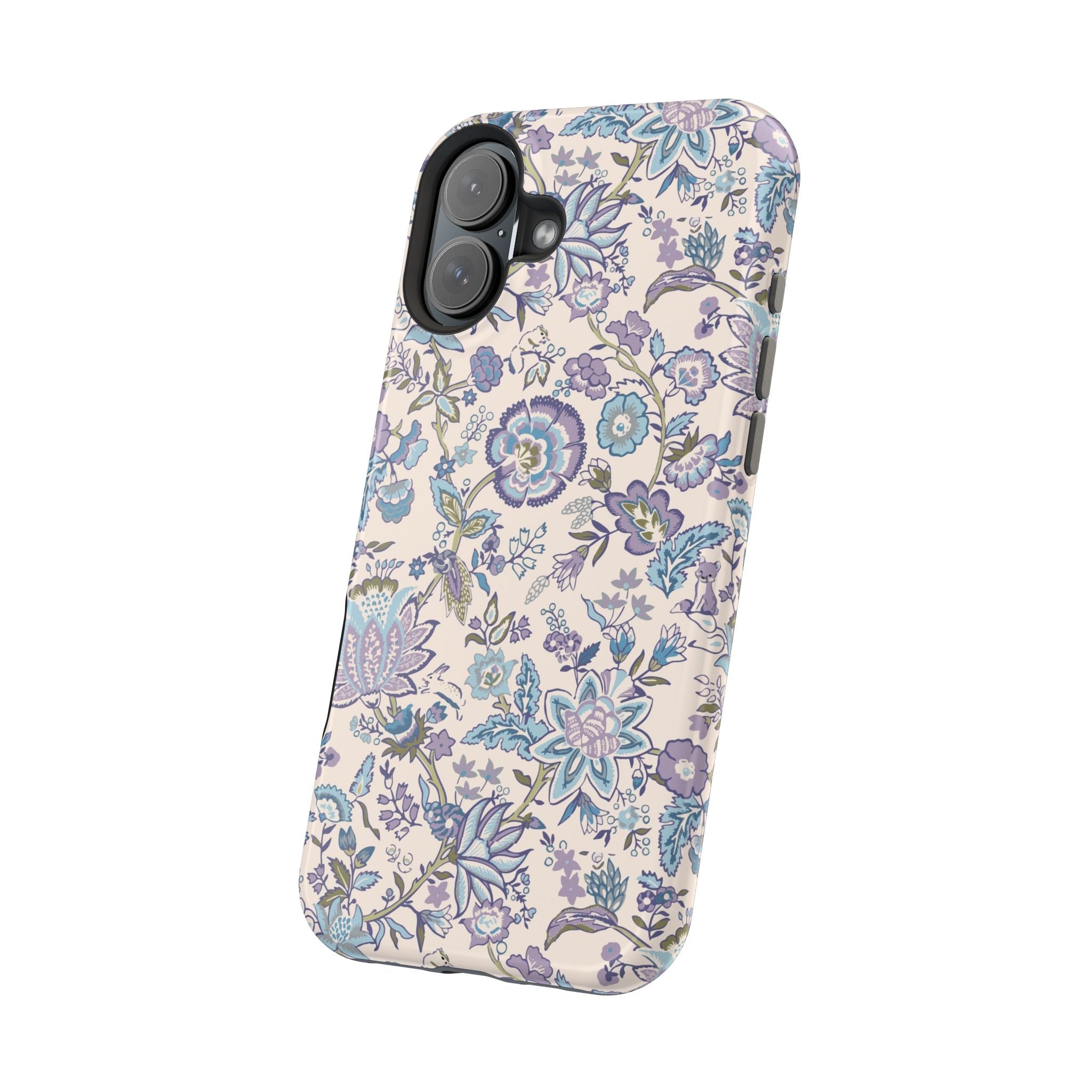 Blue floral CottageCore MagSafe iPhone case, perfect cute phone cover for nature lovers.