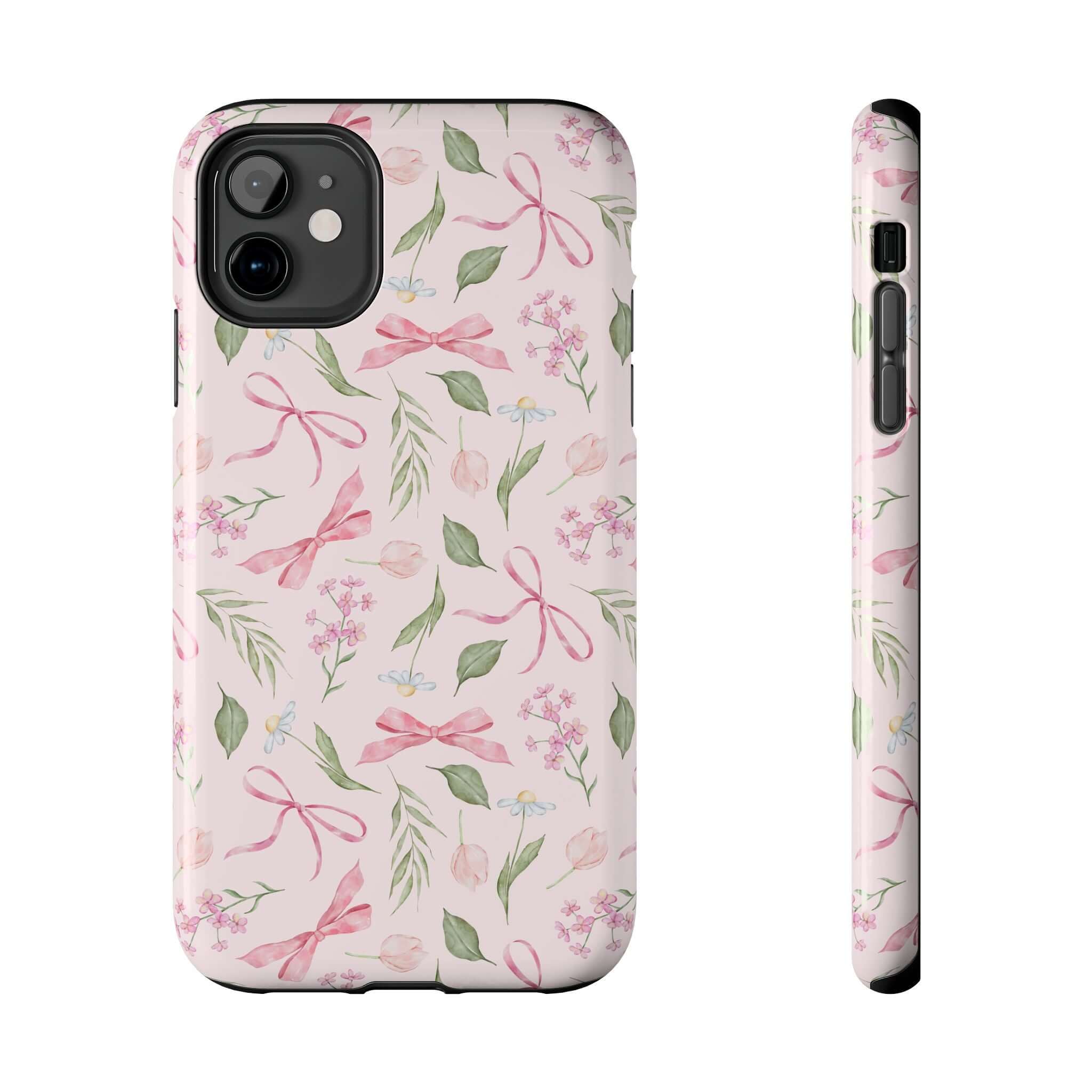 Cute pink iPhone case for iPhone 14 with adorable bows, Coquette Bow Case by Girlie Twirls for stylish phone protection.