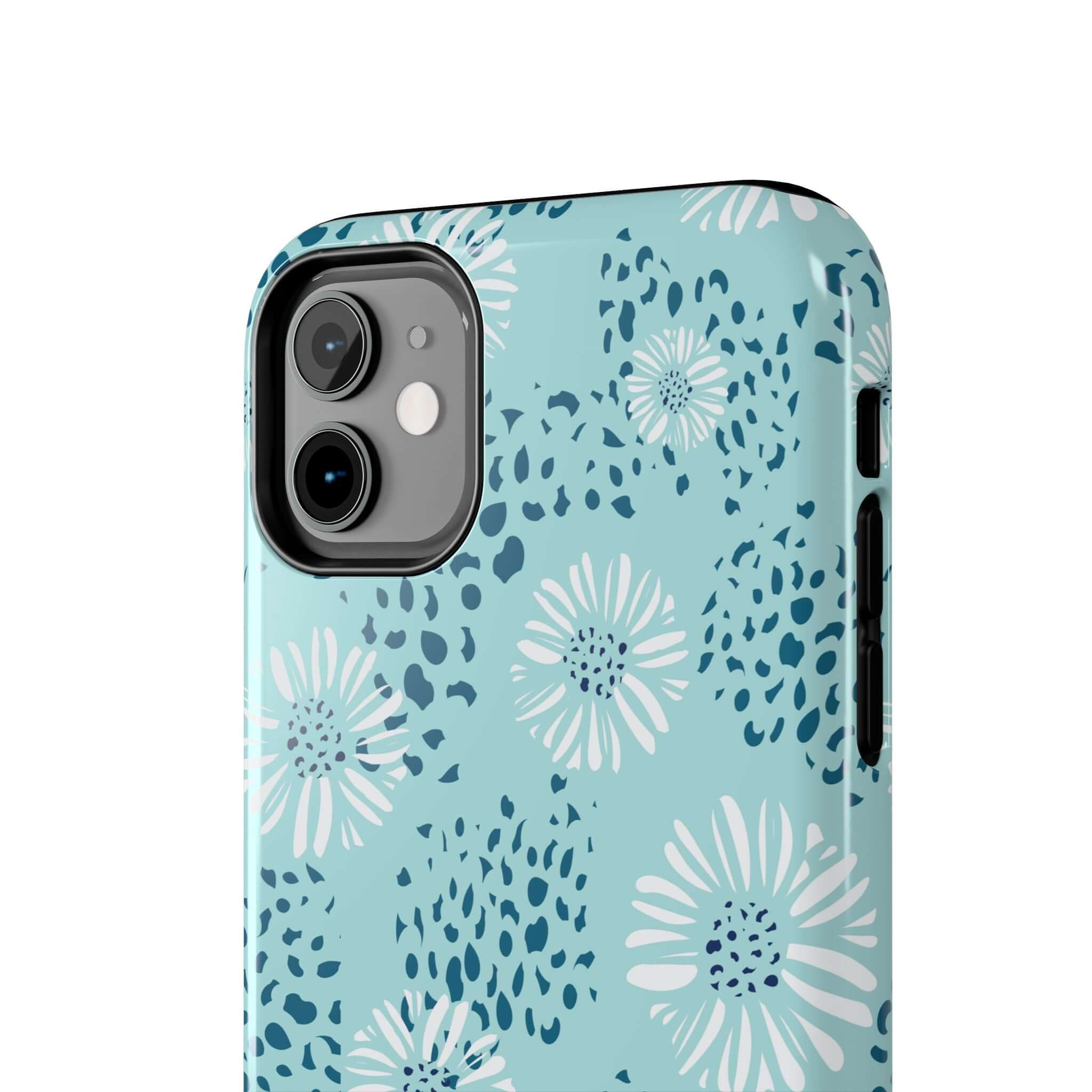 Coastal Aesthetics Floral Beach case for iPhone featuring teal and white floral design, cute phone cases, colorful iPhone case.