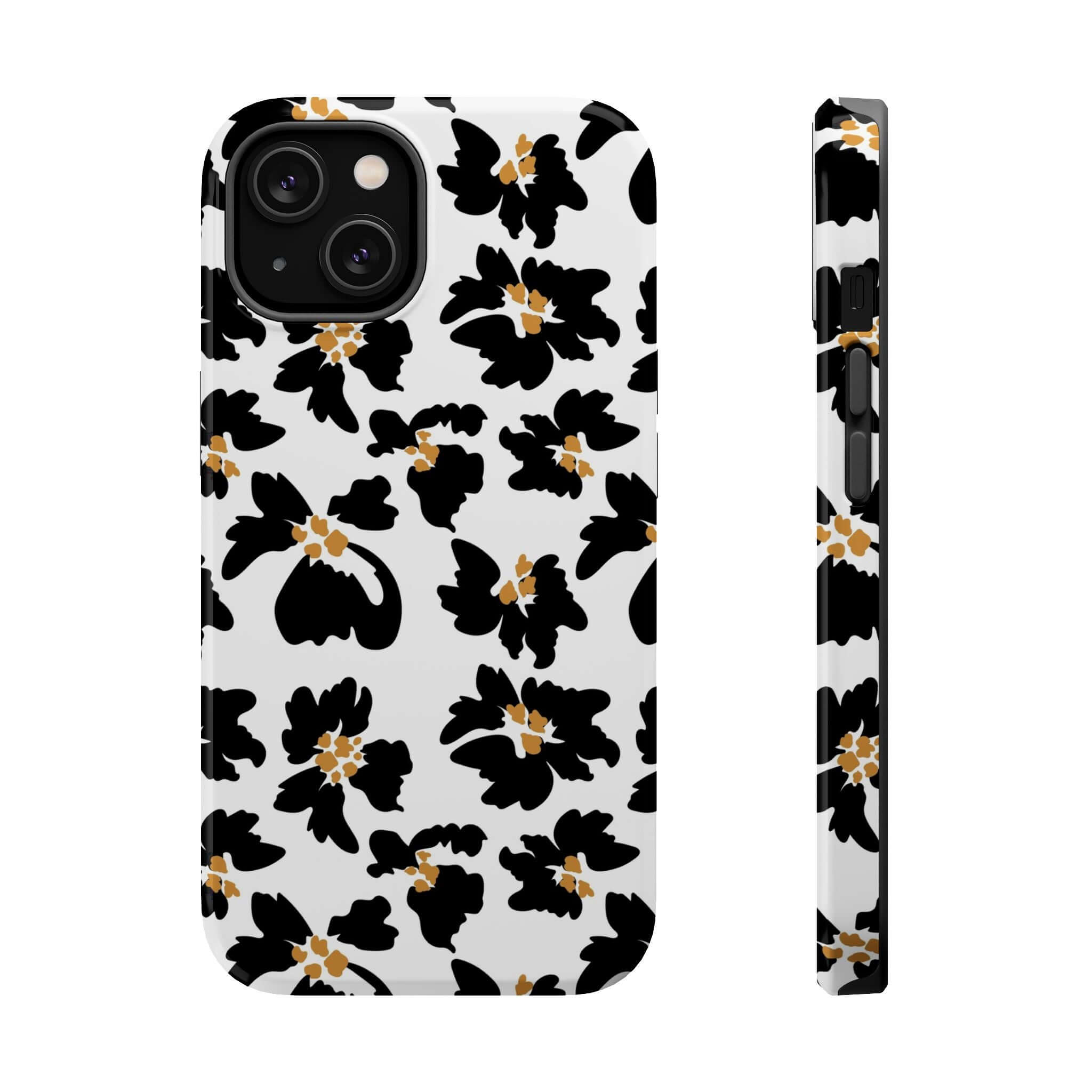 Modern black floral iPhone case with stunning flower pattern, featuring cute animal print and MagSafe compatibility.