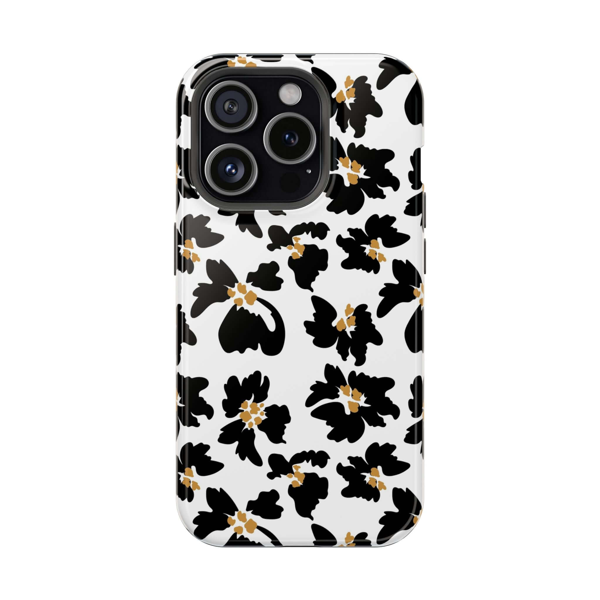 Modern Noir Flora black floral iPhone case with cute animal print, MagSafe compatible for stylish phone protection.