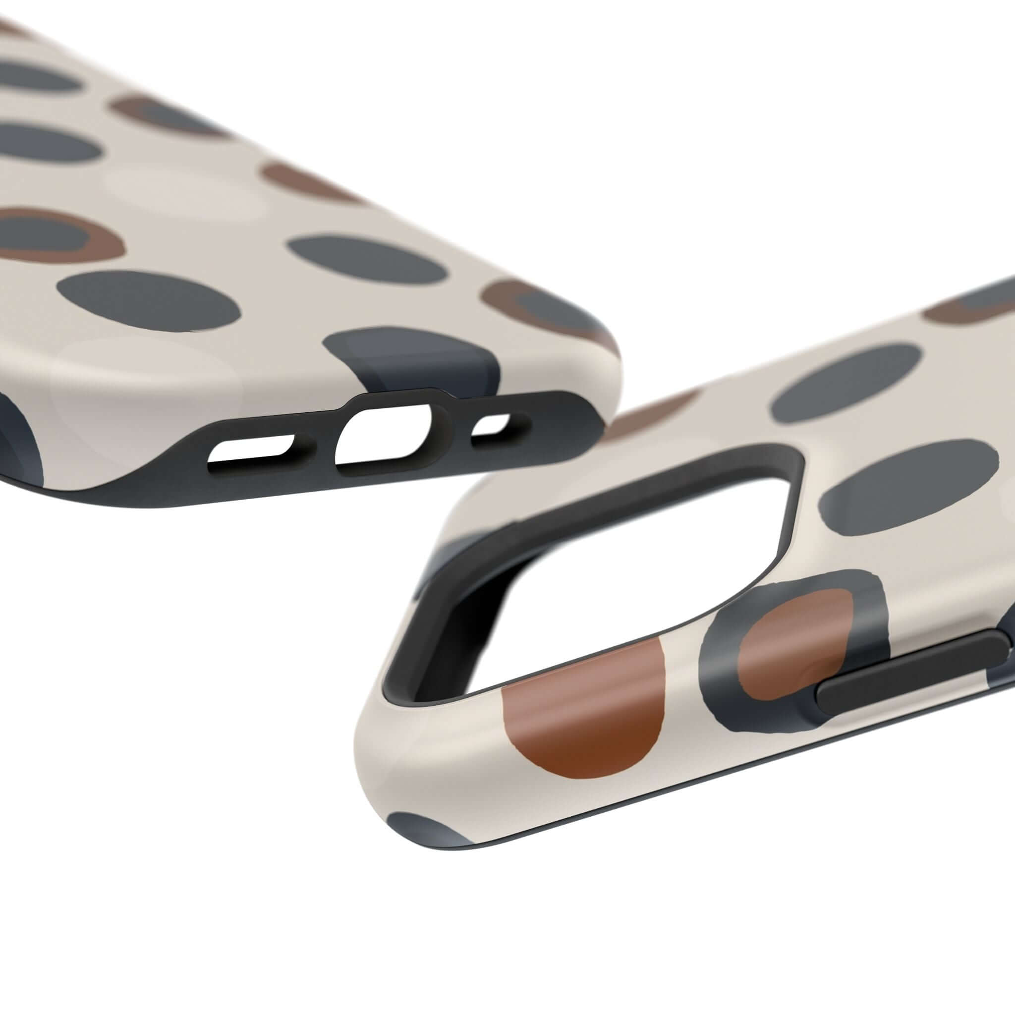 Chic Wanderer Modern Spots Case, colorful abstract iPhone case with cute brown and black spots design, perfect for stylish phone protection.