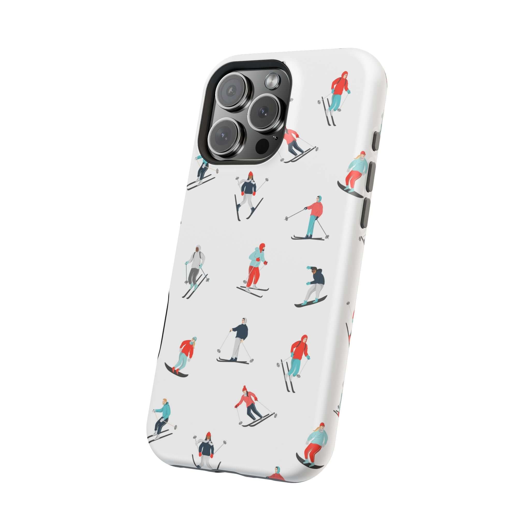 Cute phone cover featuring skiers, perfect phone case for winter sports and MagSafe compatible.