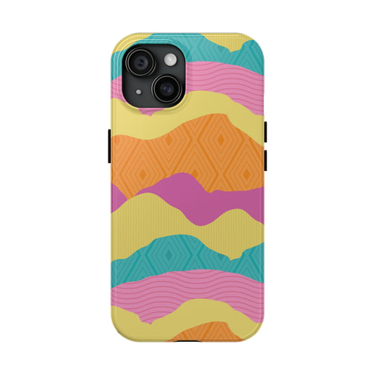 Colorful mountain phone case for iPhone 14, showcasing an adventurous spirit with cute and quirky design for both iPhones and Samsung phones.