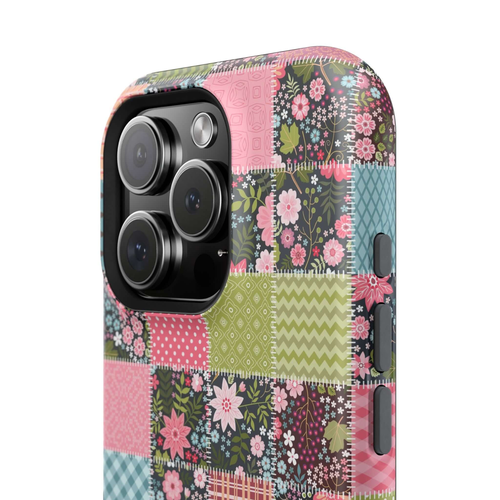 Floral iPhone Case with MagSafe featuring cute wildflower patchwork design, perfect phone cover for free-spirited granola girl vibes.