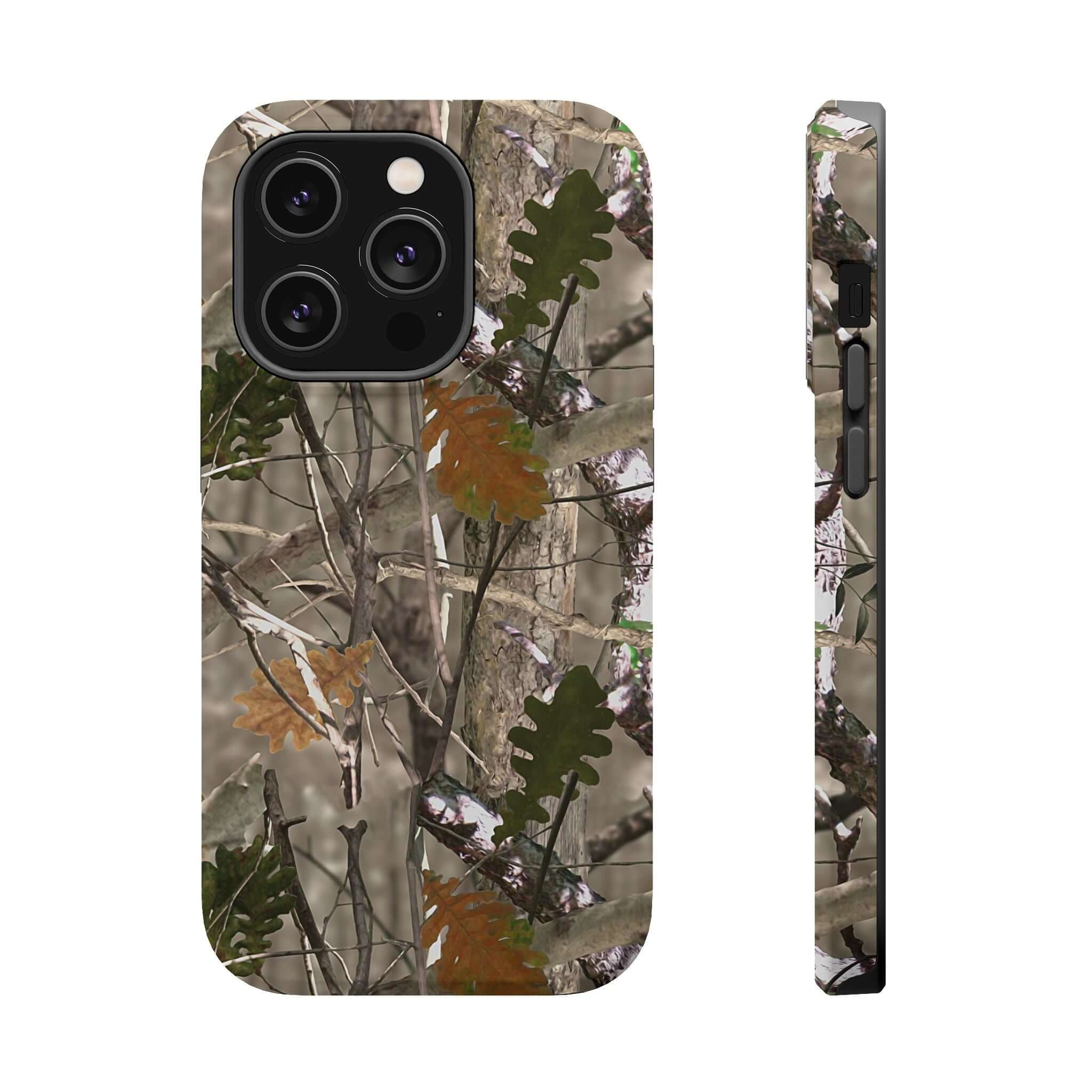 Modern forest camo phone case with cute animal print design, featuring MagSafe compatibility for iPhones.