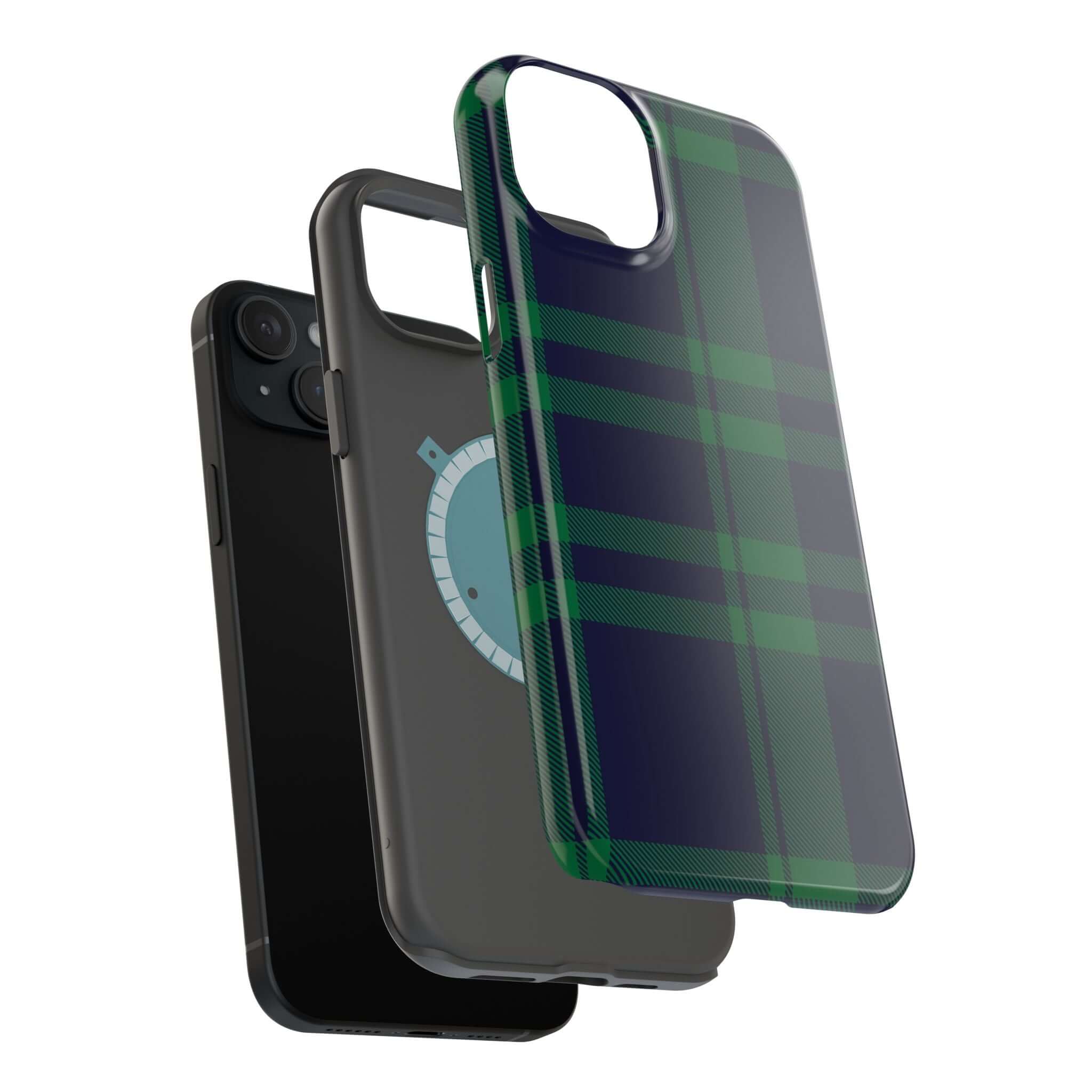 Cute Mistletoe Plaid MagSafe Case in green plaid design, showcasing stylish phone protection for iPhone.