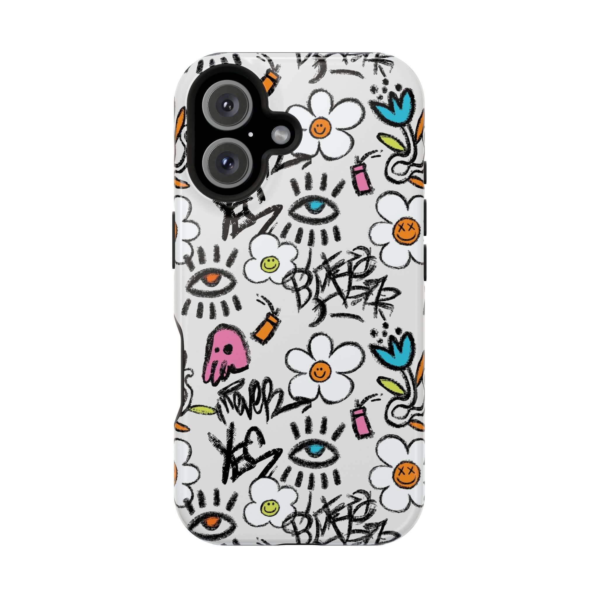 Cute phone cover featuring floral graffiti design for iPhone, vibrant colors and playful art. Perfect for a stylish look!