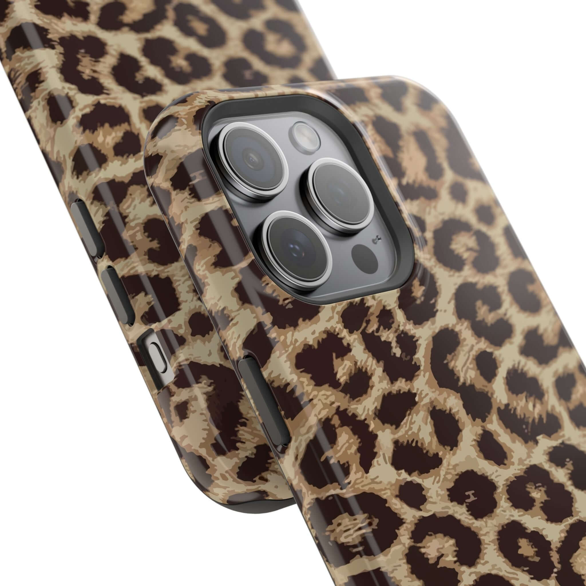 Stylish cheetah print iPhone 16 case with MagSafe compatibility, showcasing cute design and durable protection.