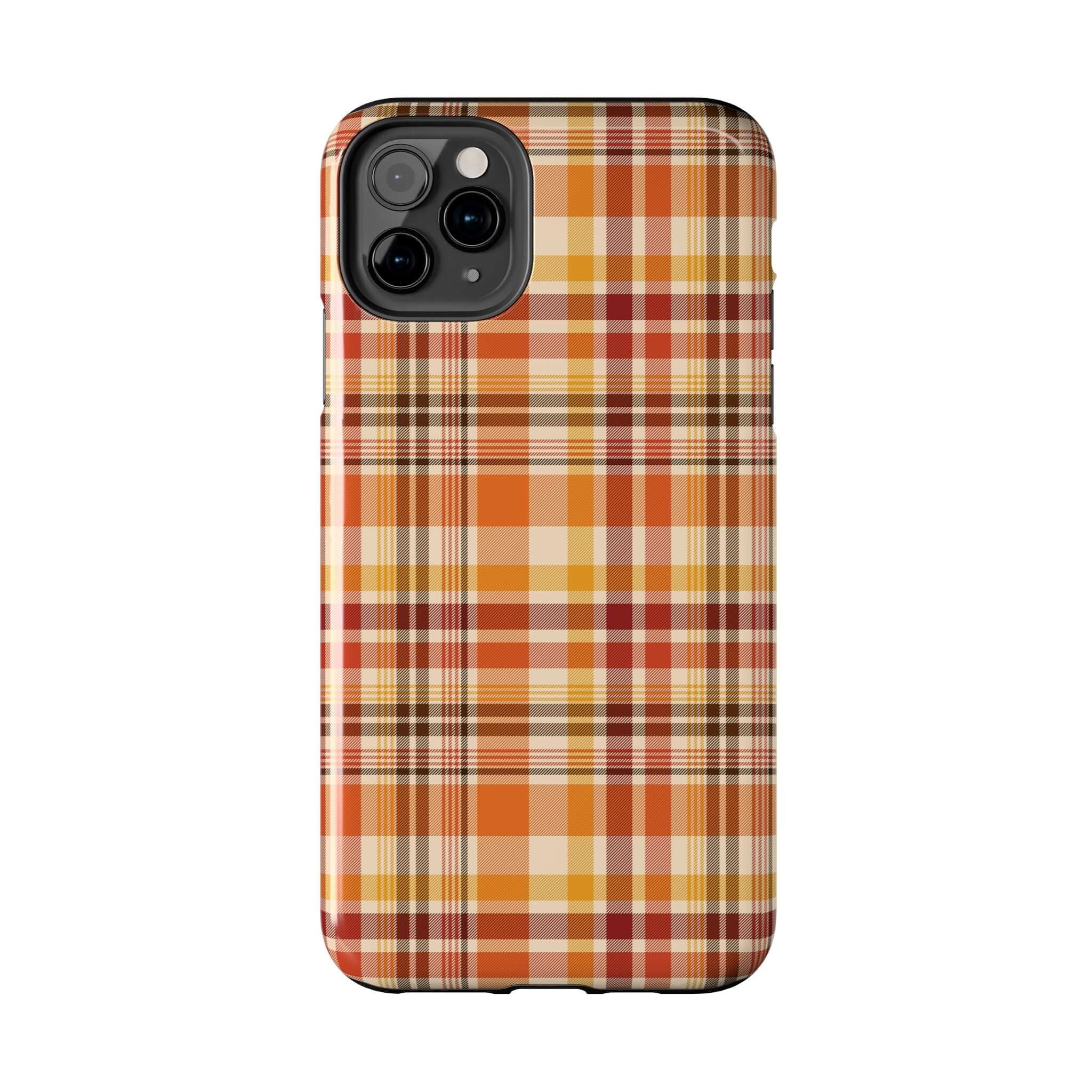 Autumn Air plaid phone case with fall colors, perfect for Halloween, cute iPhone design for the fall season and beyond.