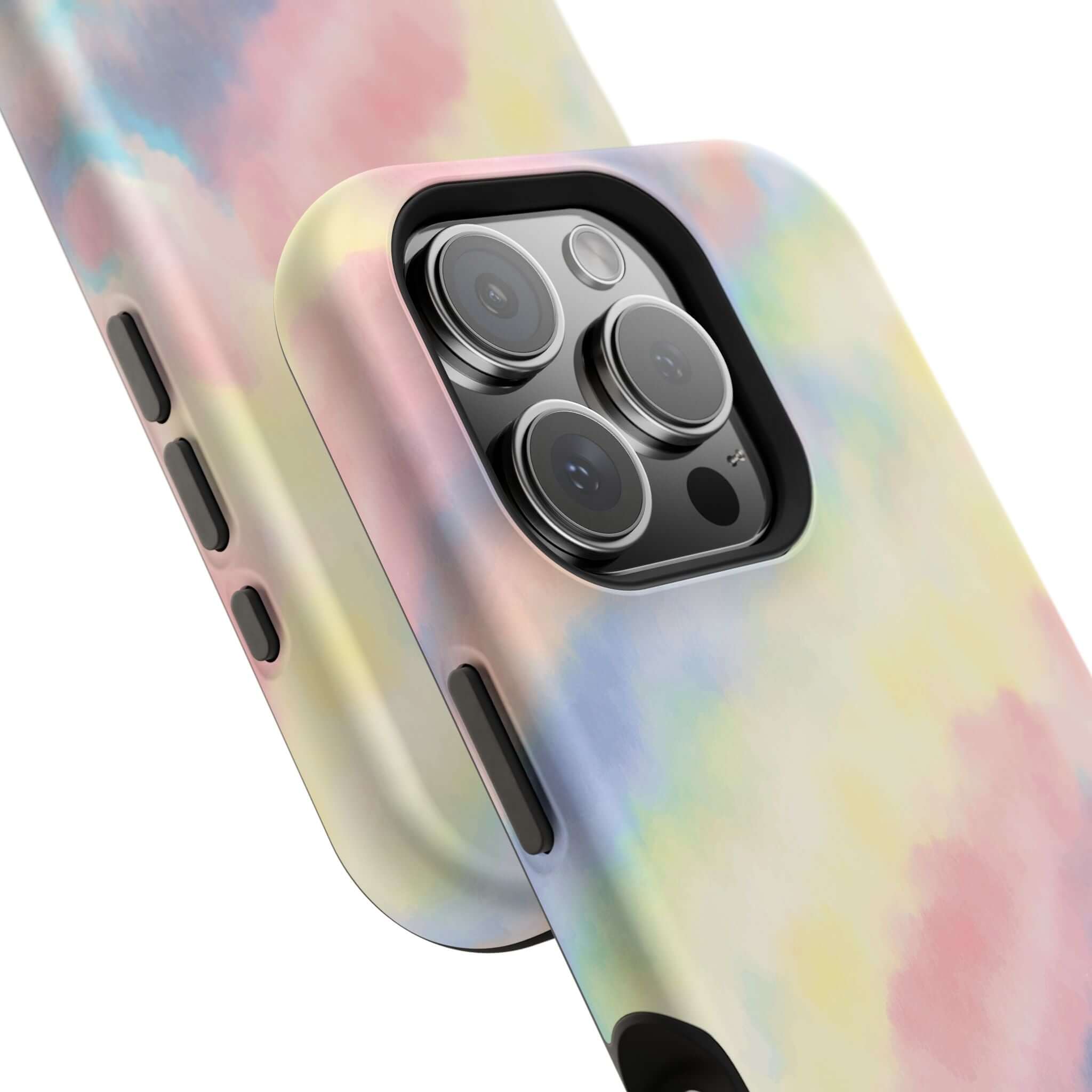 Cute iPhone case with pastel tie dye design and MagSafe compatibility, ideal for unique phone case enthusiasts.