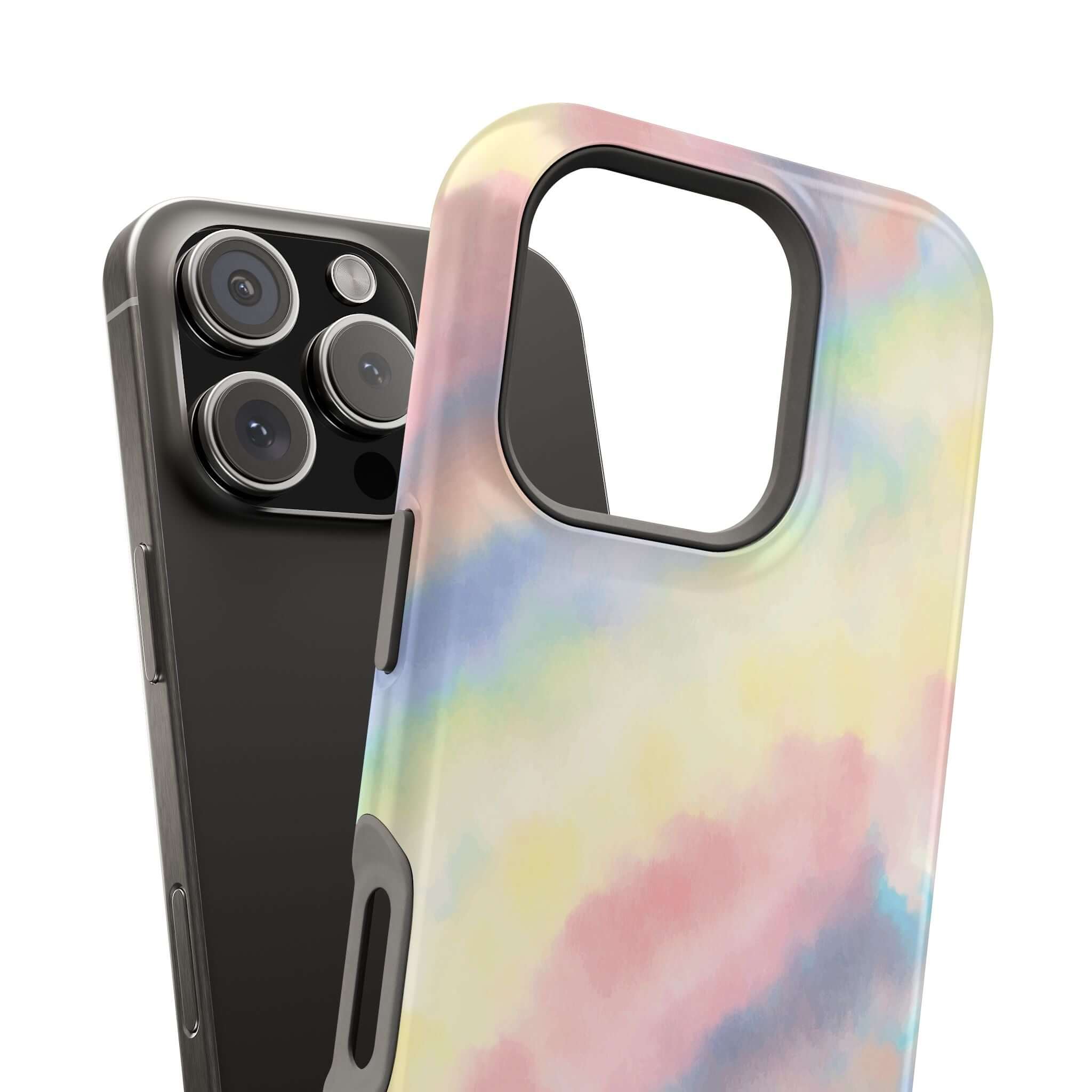 Cute iPhone case with pastel tie dye design, MagSafe compatible, Unicorn Dreams custom phone case for unique tech style.