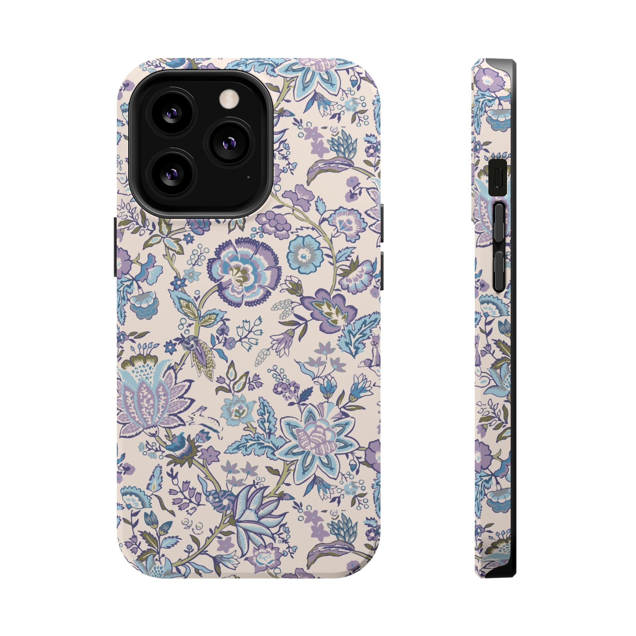 Blue CottageCore MagSafe iPhone Case with whimsical floral design, perfect cute phone cover for nature lovers.