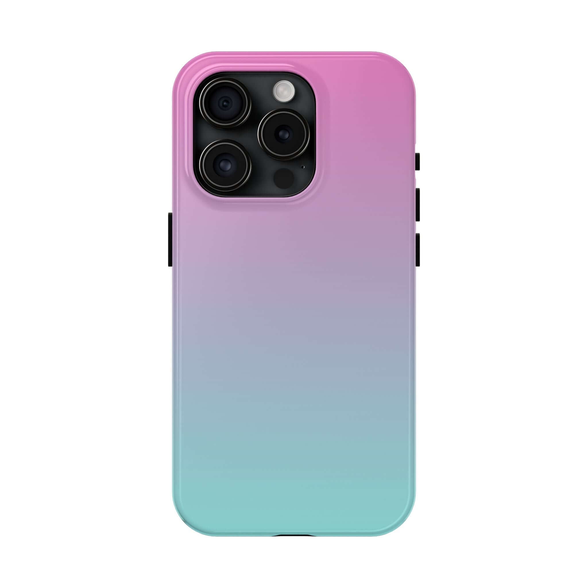 Sweet Pink Dreamer iPhone 14 case in pink and teal gradient, cute phone cover with free shipping.