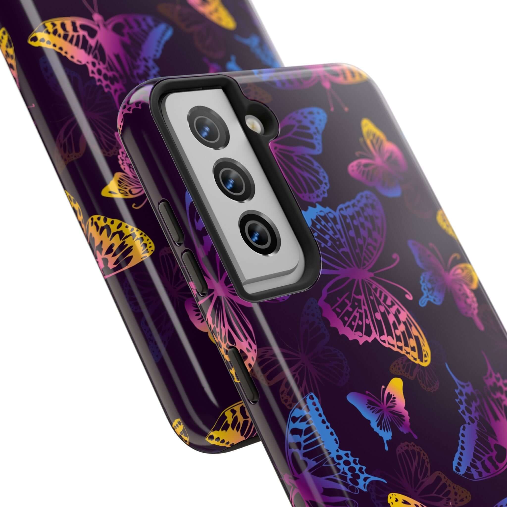 Midnight Flutter black butterfly MagSafe iPhone case with colorful butterfly design, cute floral phone cover for butterfly lovers.