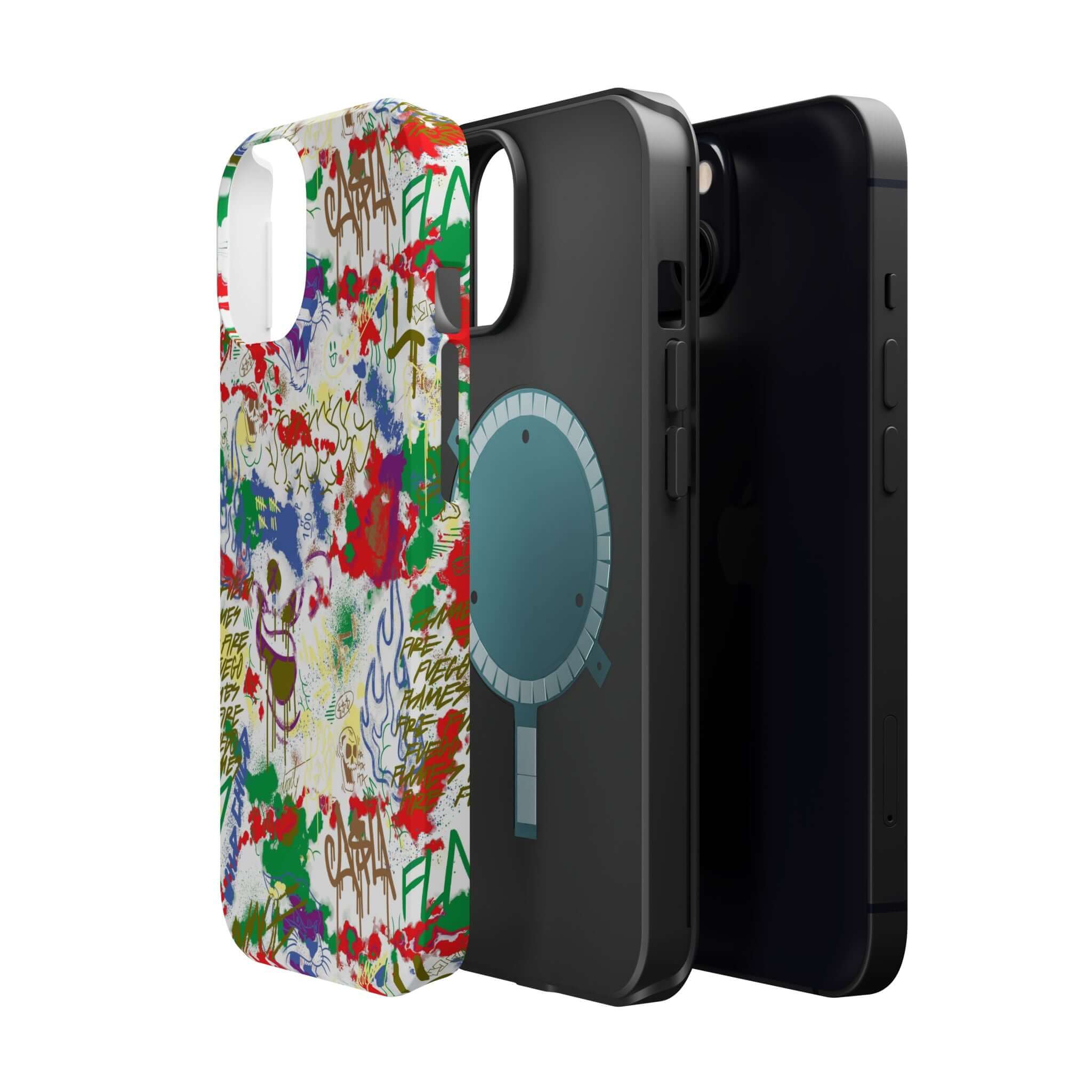 Colorful graffiti iPhone case with street art design and MagSafe technology for style and protection.