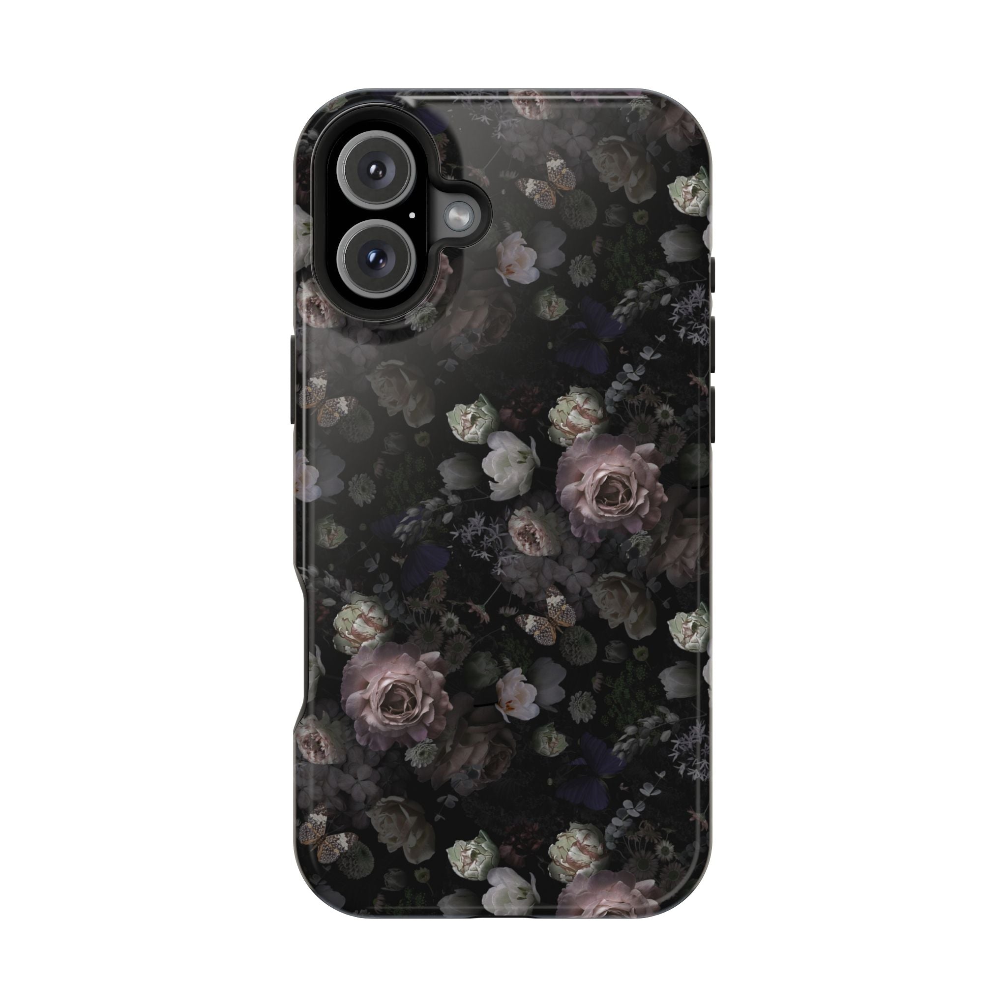 Midnight Curse black floral MagSafe iPhone case with cute rose design, stylish phone cover to protect your iPhone with flair.