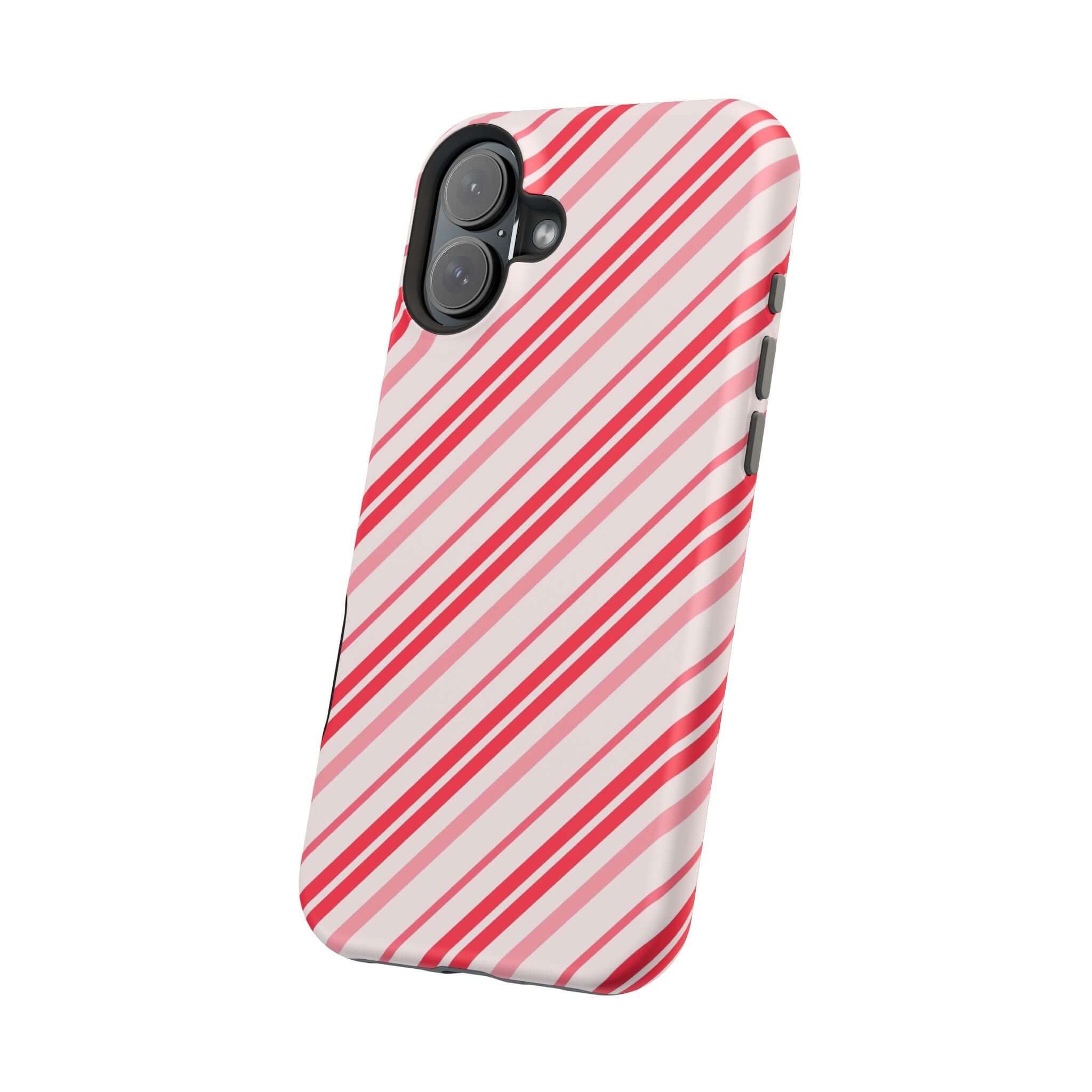 Festive Candy Cane MagSafe Case with red and white stripes, perfect holiday Christmas case, cute Xmas phone cover.