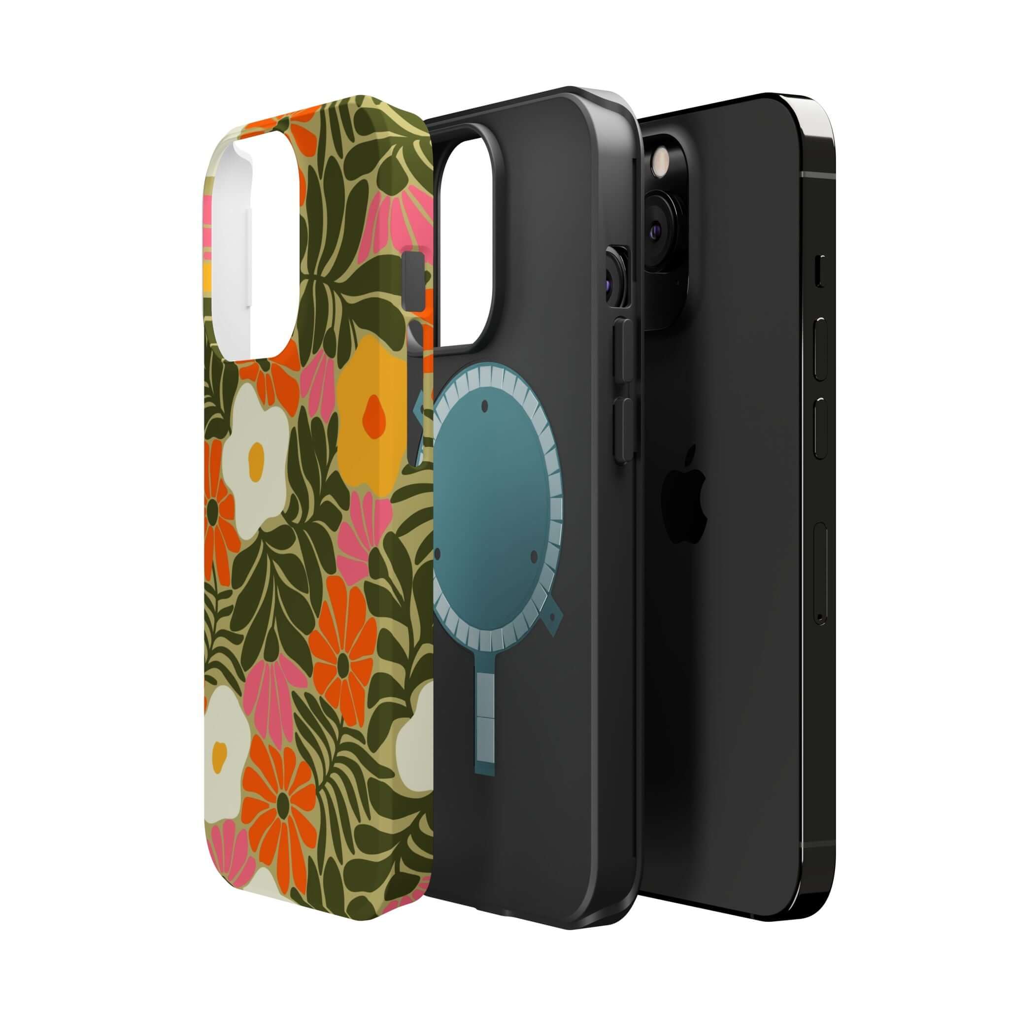 Retro floral and sleek black phone cases showcasing cute beach vibes for Apple iPhone, perfect for style and protection.