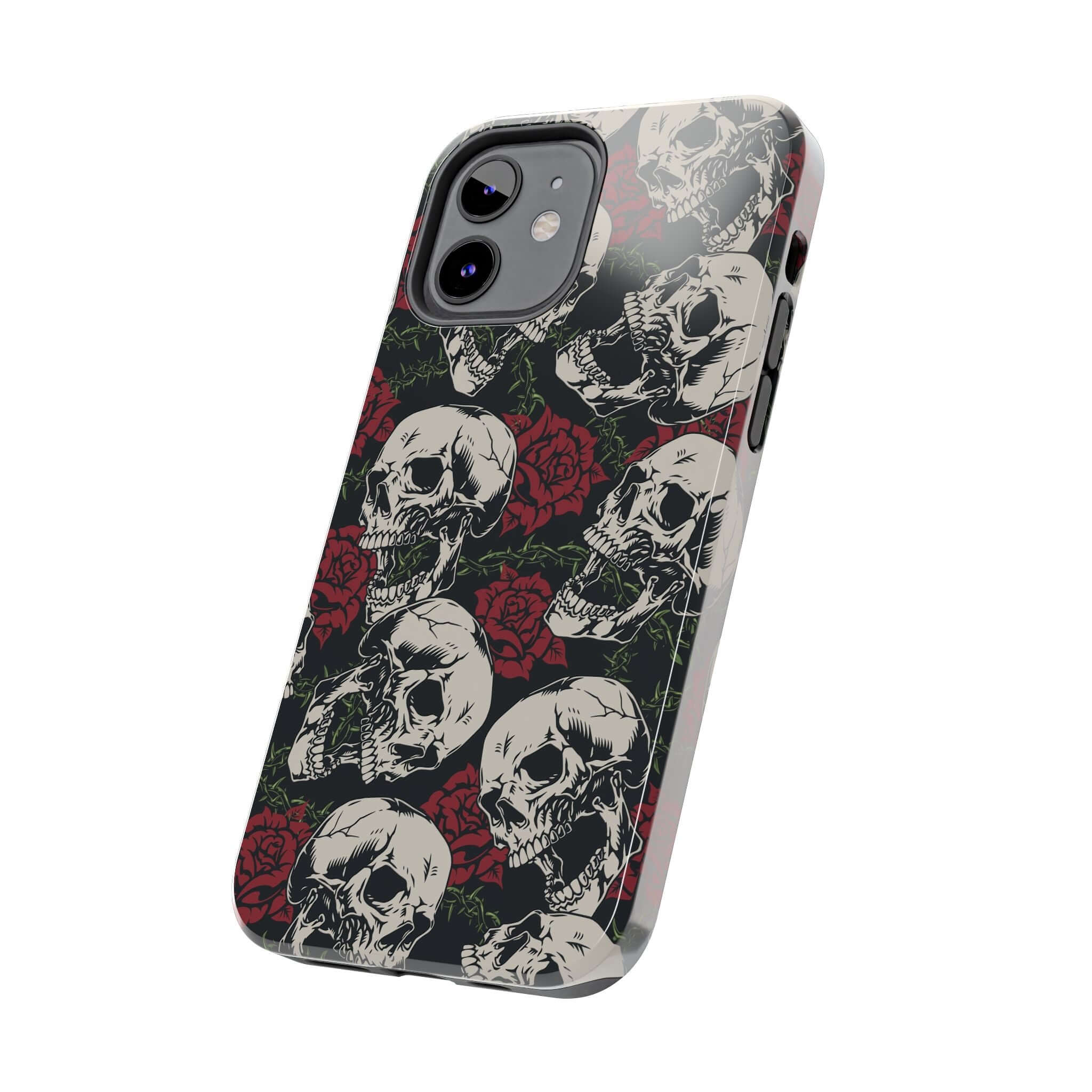 Cute MagSafe iPhone 16 case with rebellious biker skulls and beautiful rose design - Baddie Girl Vibes protective phone case for iPhone.