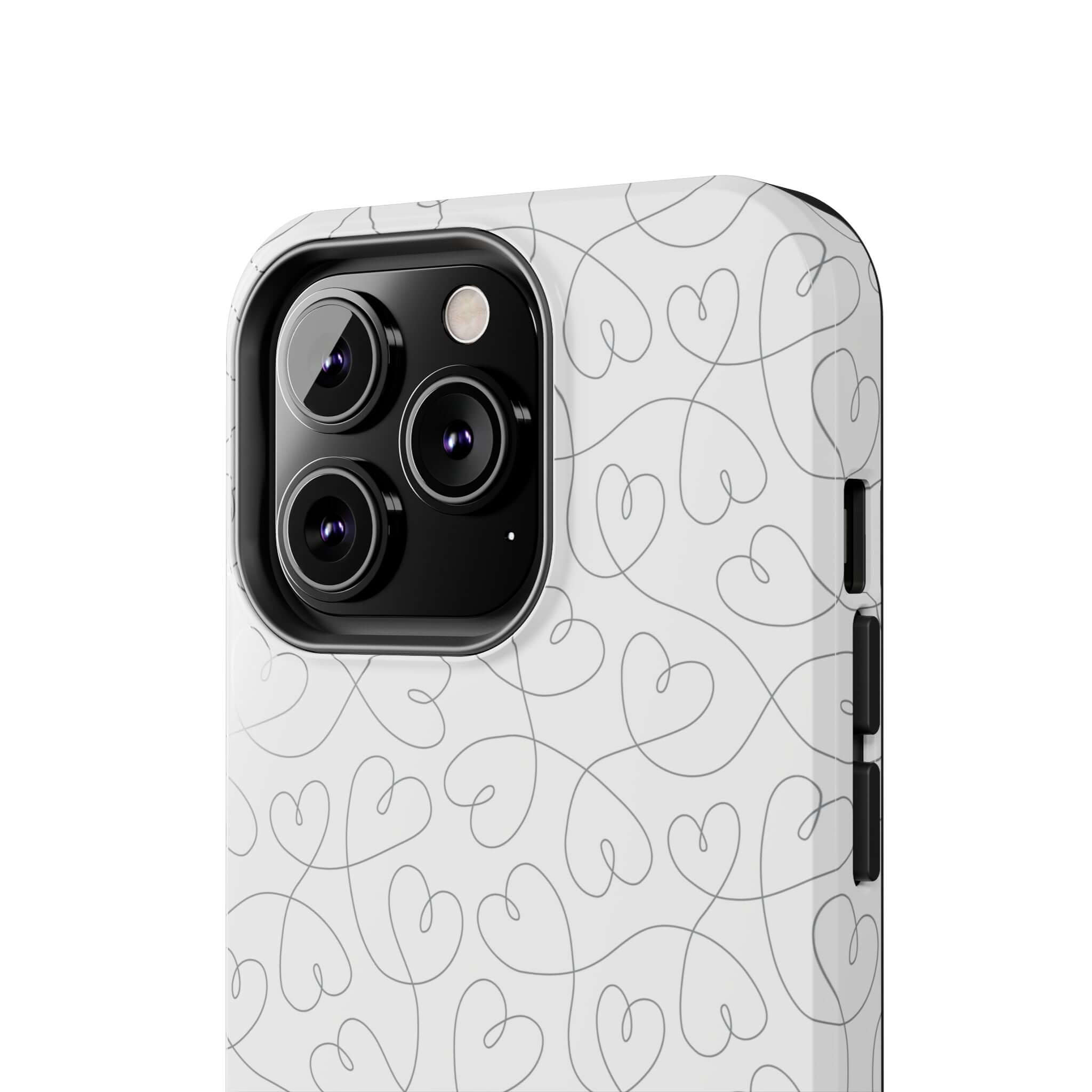 Silver Hearts Romance case with abstract hearts pattern for iPhone 14 Pro Max, perfect for weddings and brides, cute phone case.