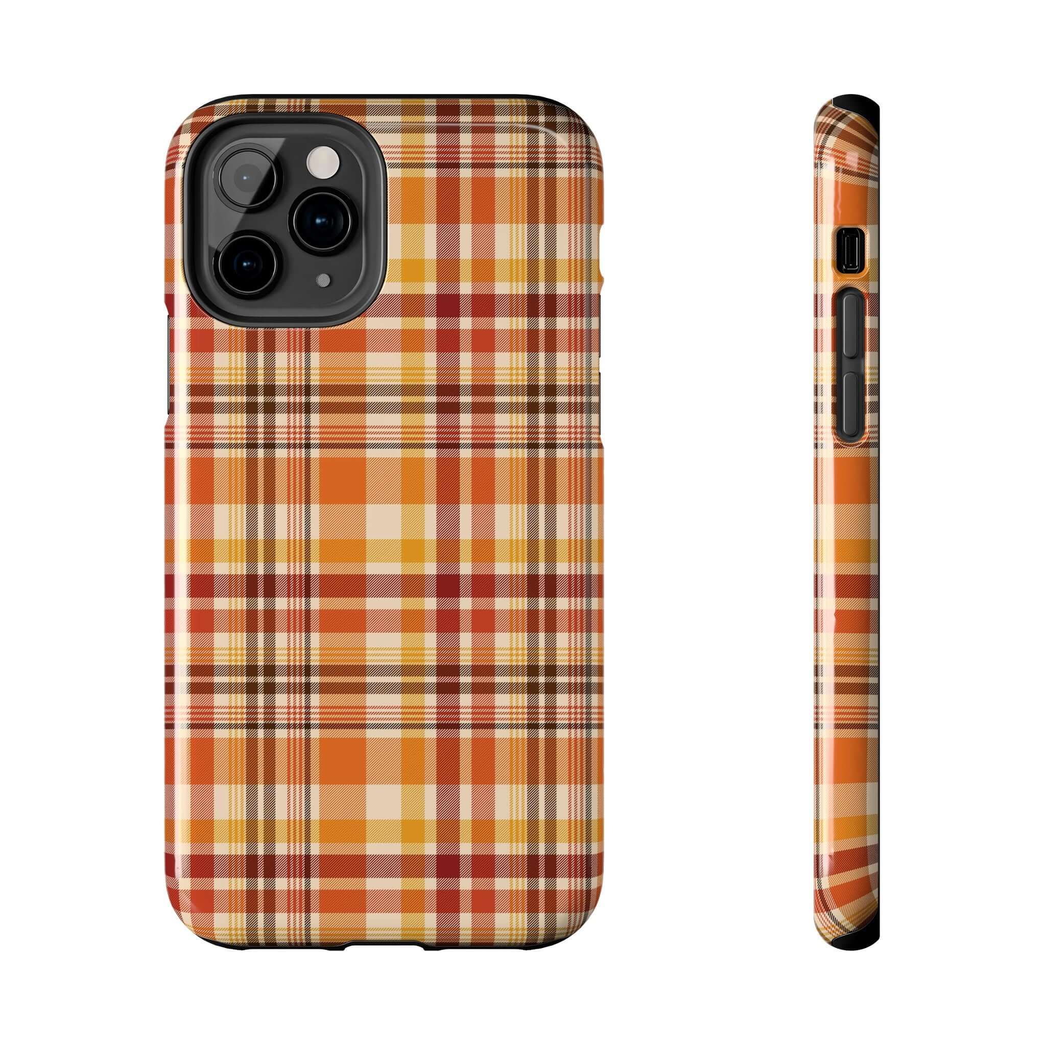 Autumn Air fall plaid phone case with orange and yellow design, perfect for Halloween and fall seasons. Cute iPhone case for stylish protection.