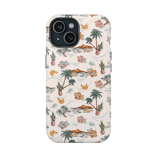 Cute iPhone 14 case with tropical vacation beach design, featuring palm trees, flowers, and MagSafe compatibility. Free shipping available.