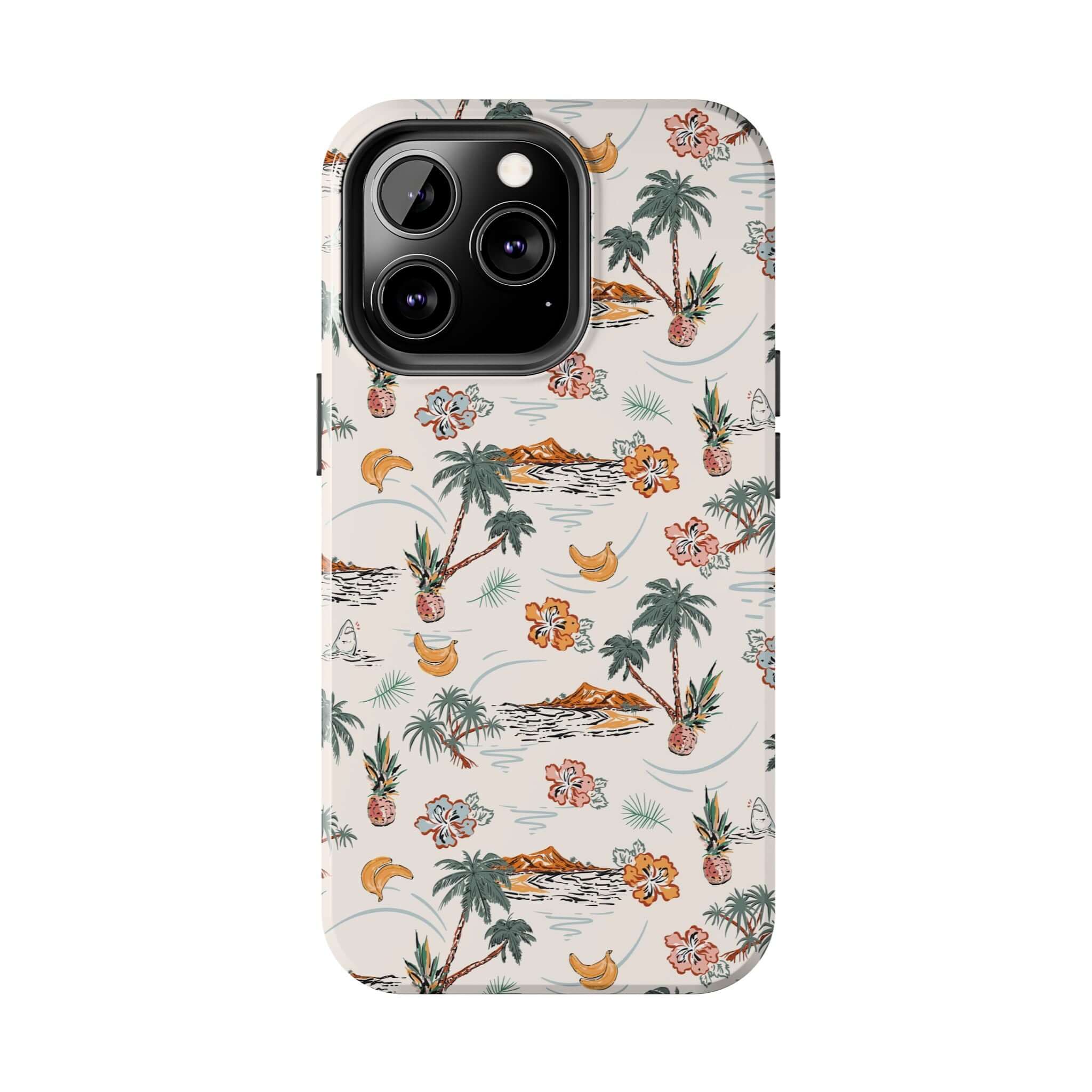 Cute iPhone 14 case with tropical palm tree design, perfect phone cover for beach getaways, free shipping.