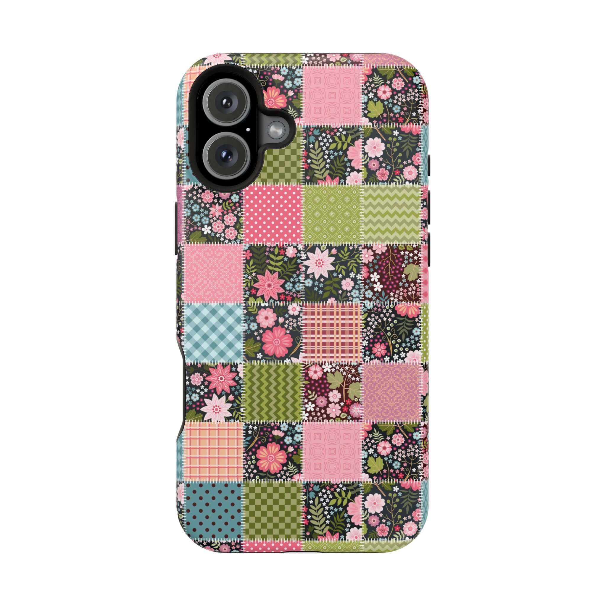 MagSafe iPhone case with cute floral patchwork design, perfect for expressing granola girl vibes and free-spirited style.