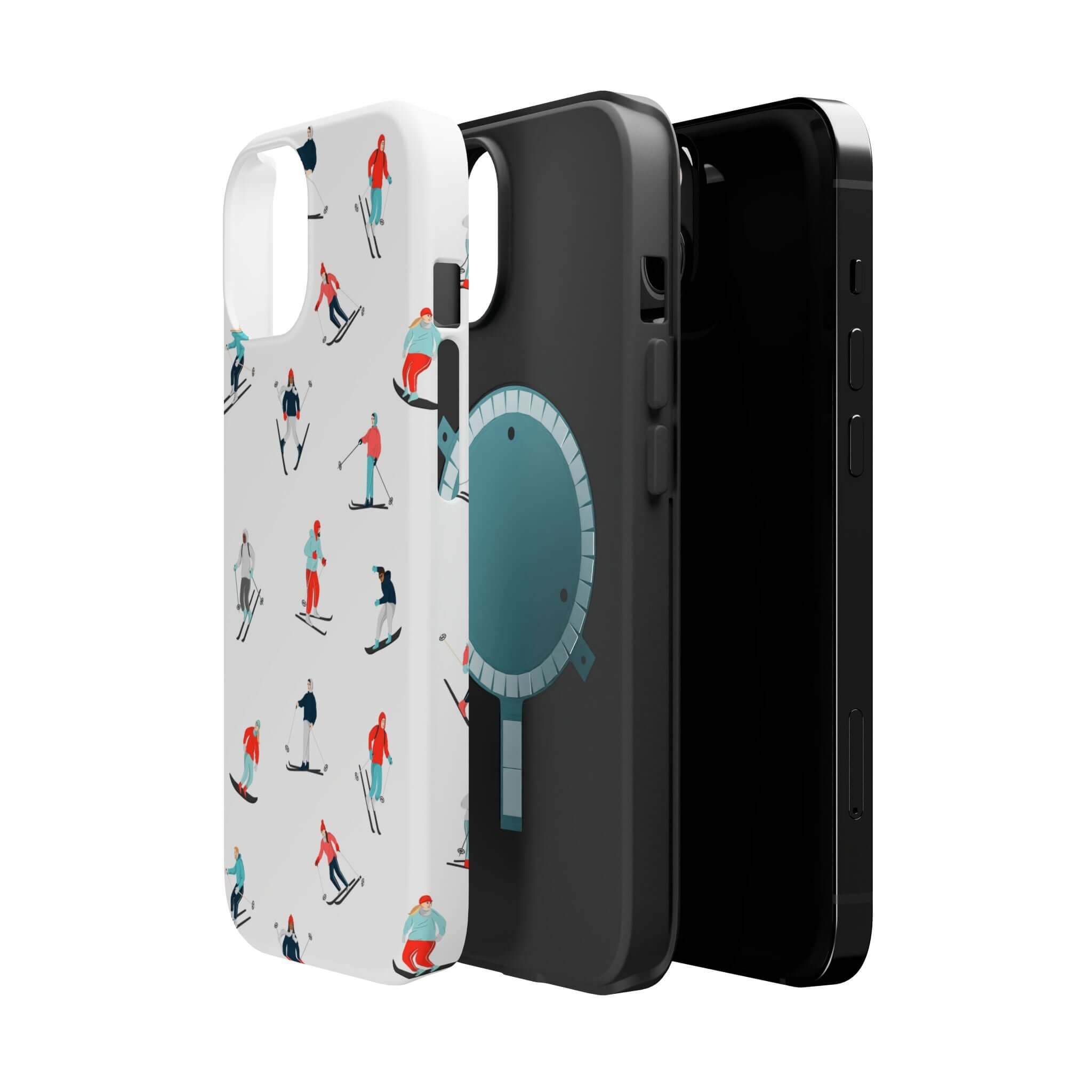 Cute phone case with skiing design, showcasing a fun winter theme for iPhone protection on the slopes.