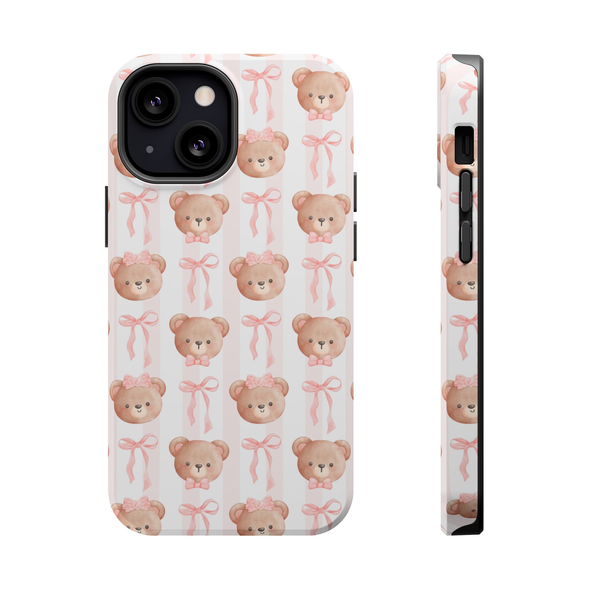 Cute phone case with adorable bear design and pink bows, perfect playful cover for adding charm and protection to your device.