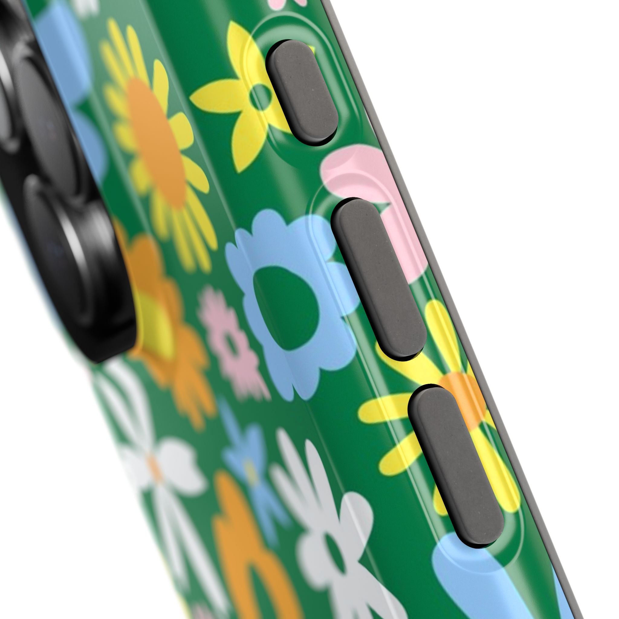 Vibrant hippie floral MagSafe iPhone case with green background and colorful flowers, cute phone cover for a quirky style.