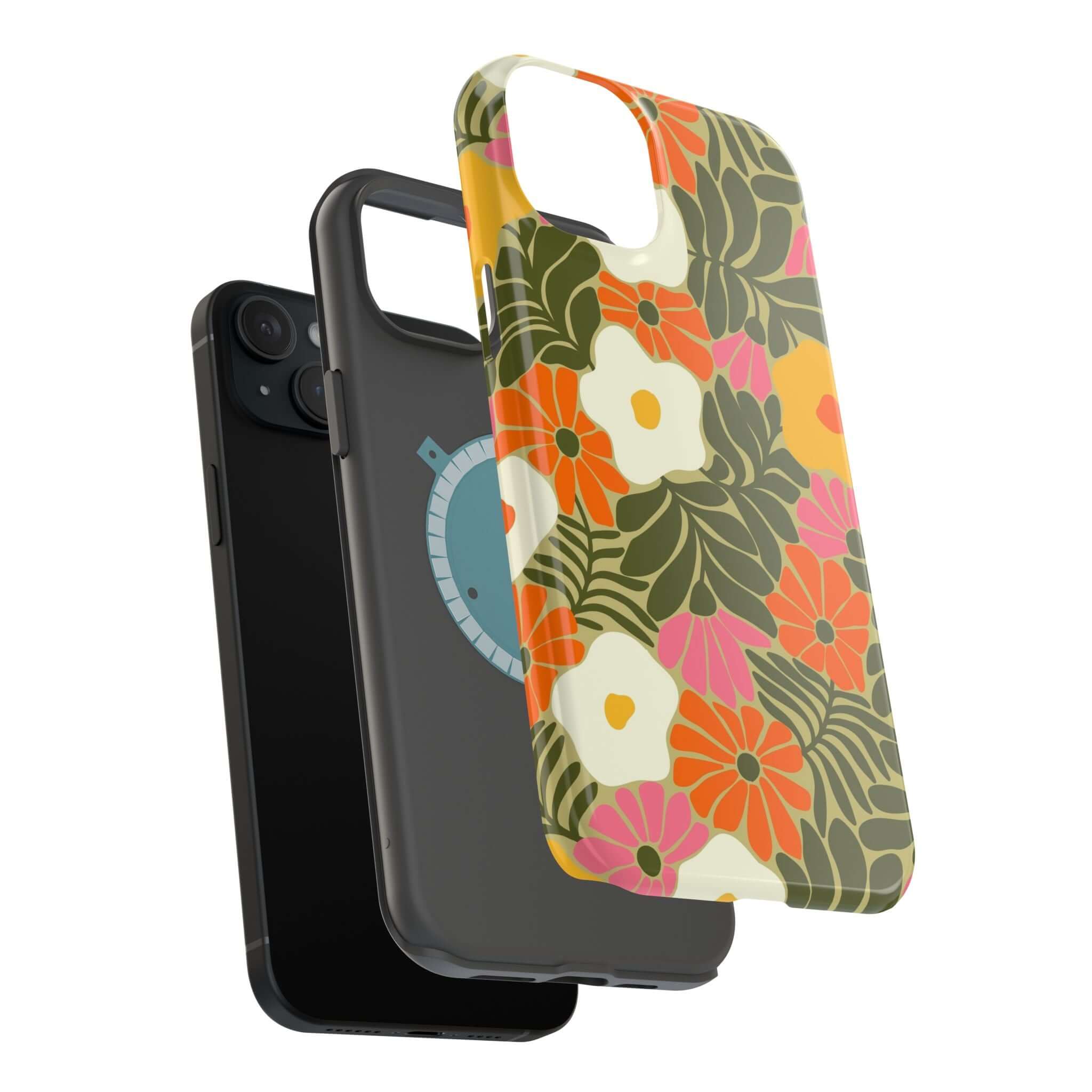 Retro floral phone case in vibrant colors on top of a sleek iPhone, showcasing cute beach vibes and MagSafe compatibility.