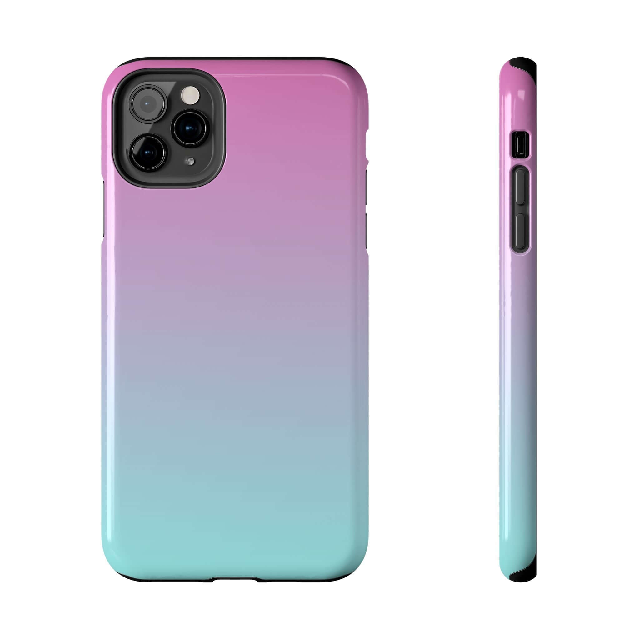 Sweet Pink Dreamer iPhone 14 case in pink and teal gradient, cute phone cover with free shipping