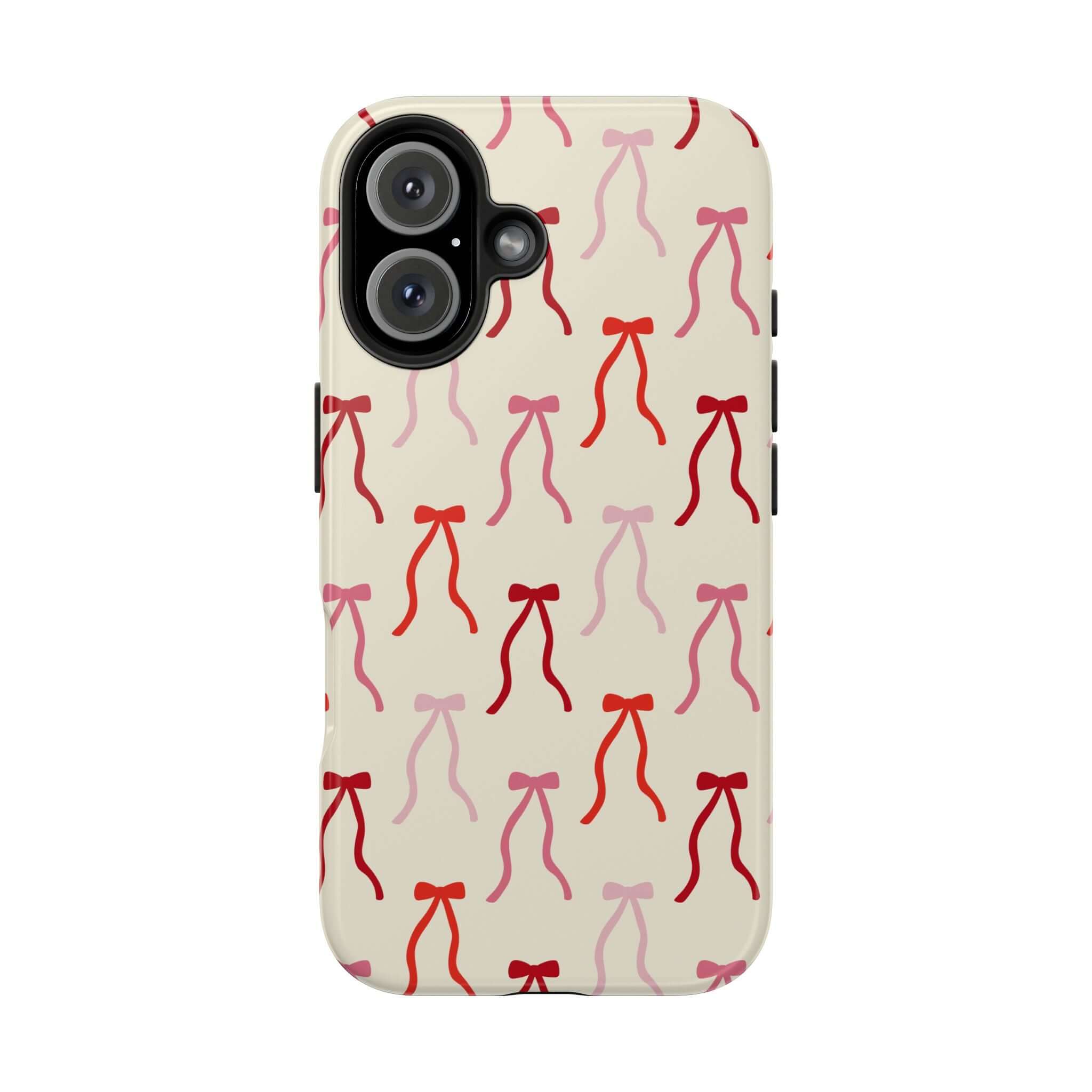 Cute Phone Case for iPhone 16 with Beige Coquette Design and Vibrant Red Bows for Stylish Protection