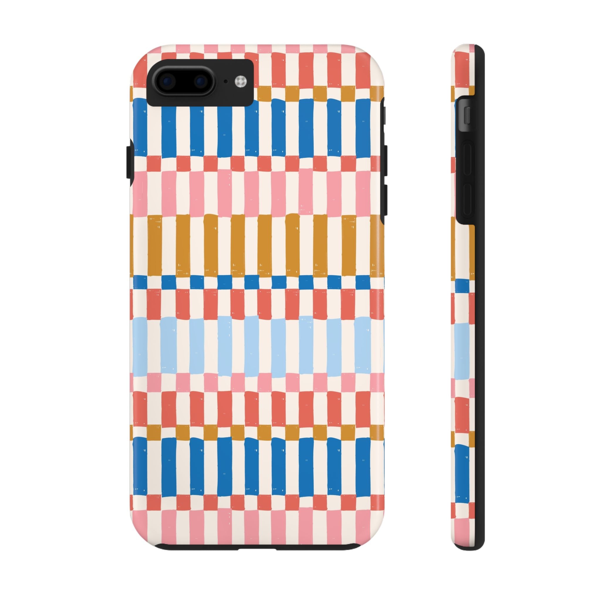 Cute iPhone case cover with Colorwave Stripes, vintage phone case showcasing red, blue, and yellow vibrant stripes for stylish protection.