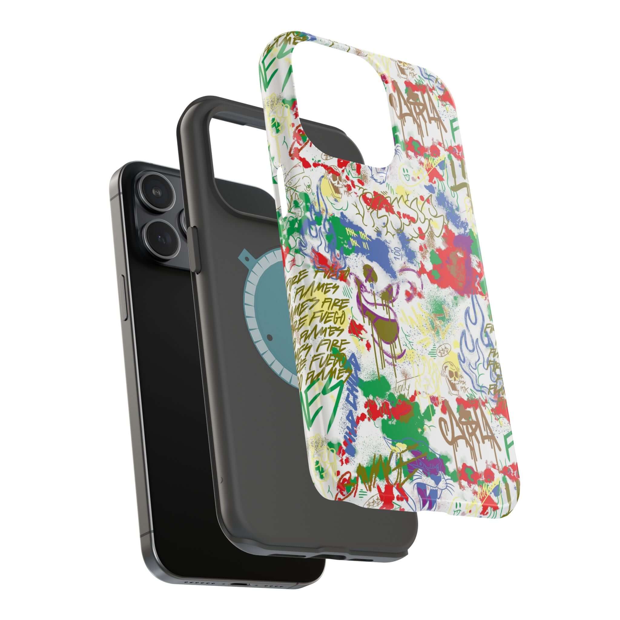 Colorful Art Attack Graffiti Case displayed with black phone cover, showcasing vibrant street art design for iPhone.