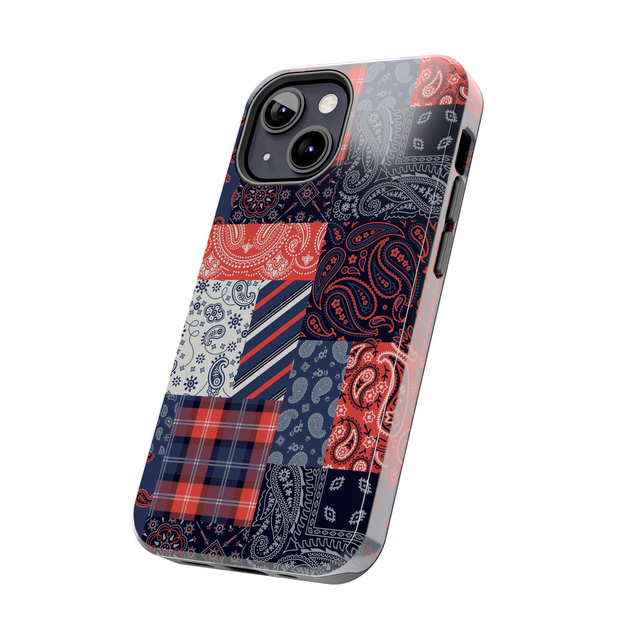 Boho Bandit Bandana Patchwork iPhone 14 Pro case in playful, cute design for fashion-forward men, perfect bookish phone case.