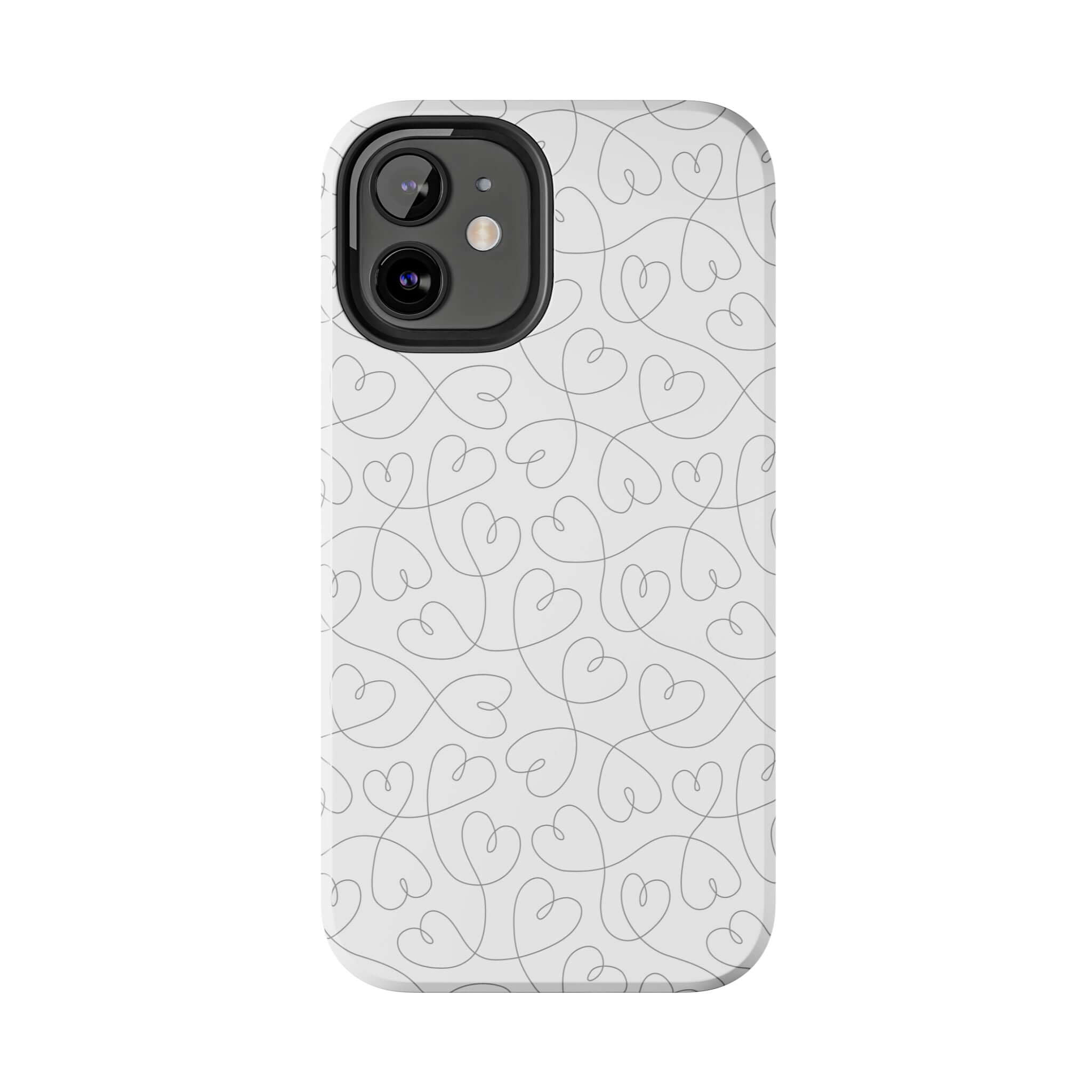 Silver Hearts Romance phone case for iPhone 14 Pro Max featuring cute abstract hearts design on a silver background, perfect for weddings.