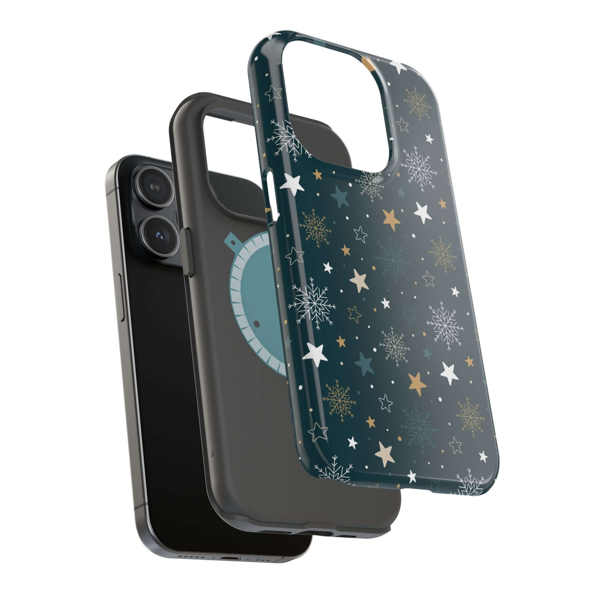 Frosted Wishes MagSafe Case with festive snowflakes and stars, perfect Christmas phone case featuring secure holiday-inspired design.