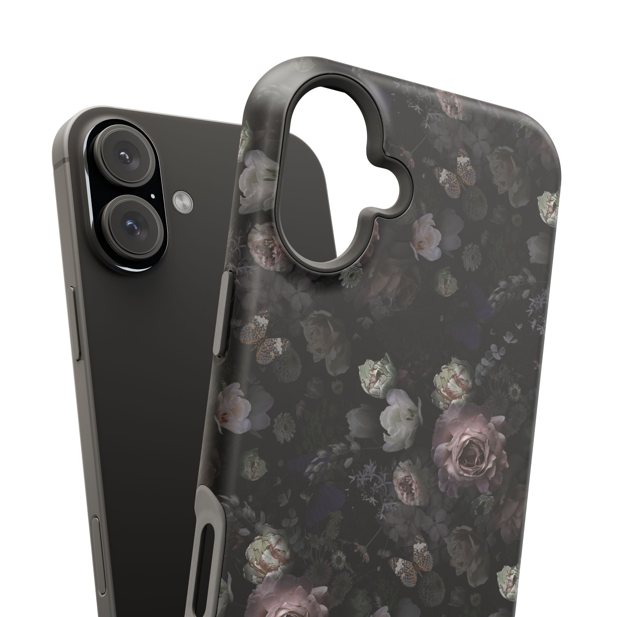 Midnight Curse Black Floral MagSafe iPhone Case in Gothic style with cute black roses, perfect protective phone cover accessory.