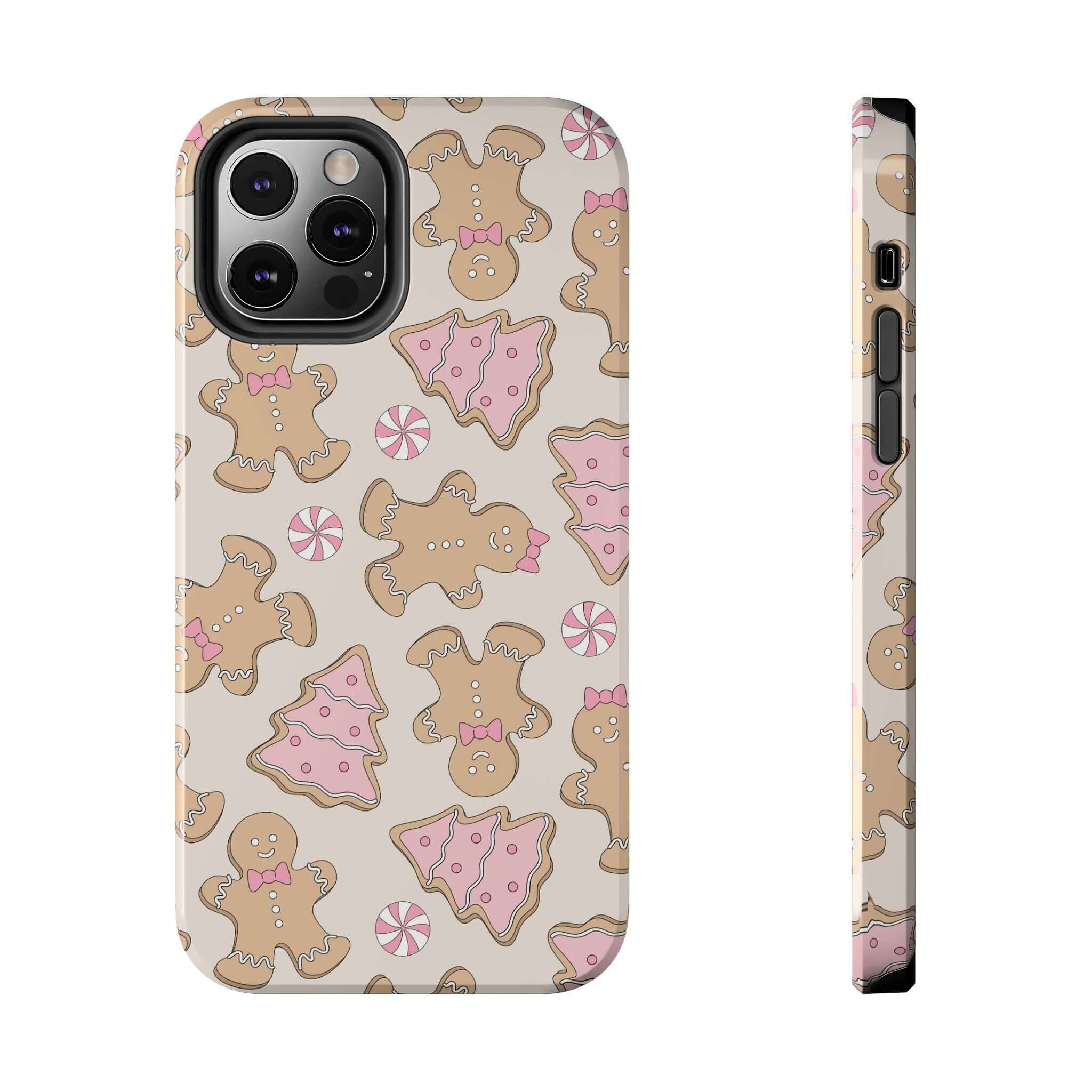 Cute iPhone case with gingerbread girlie Christmas pattern, colorful holiday phone cover design featuring festive cookies.