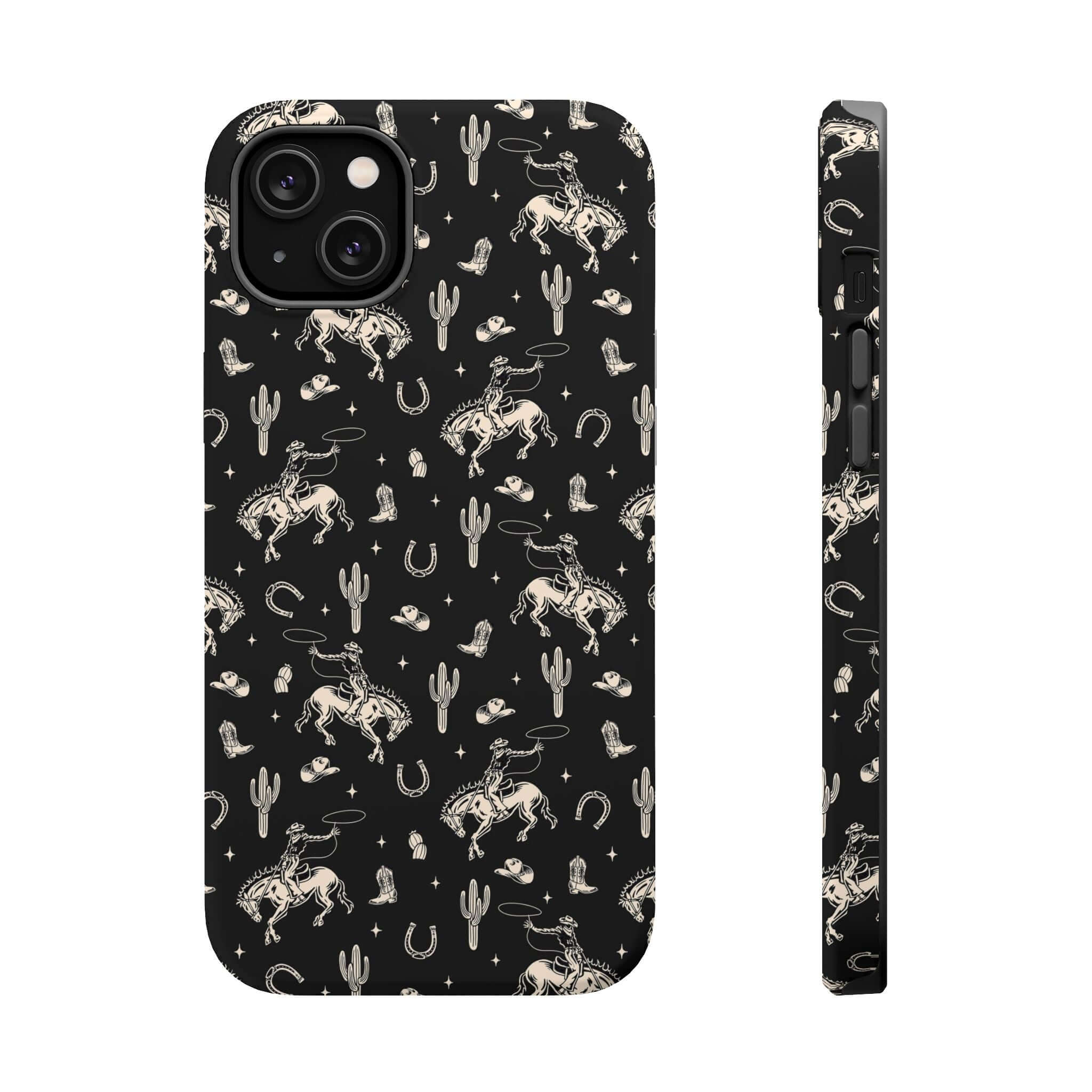 Cute Twilight Cowgirl iPhone case with black western design, free shipping, featuring flowers and cowgirl elements.