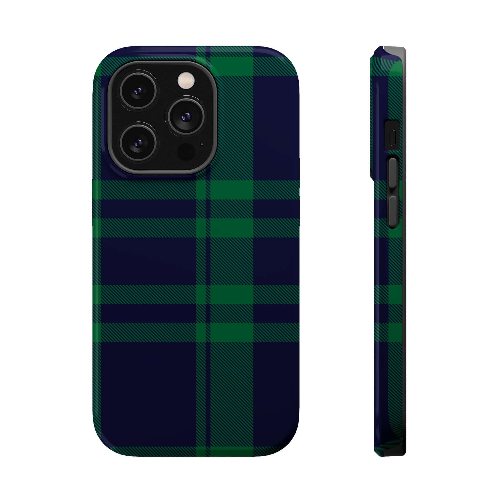 Cute Mistletoe Plaid MagSafe phone case for iPhone, perfect holiday phone cover in festive green and navy plaid pattern.