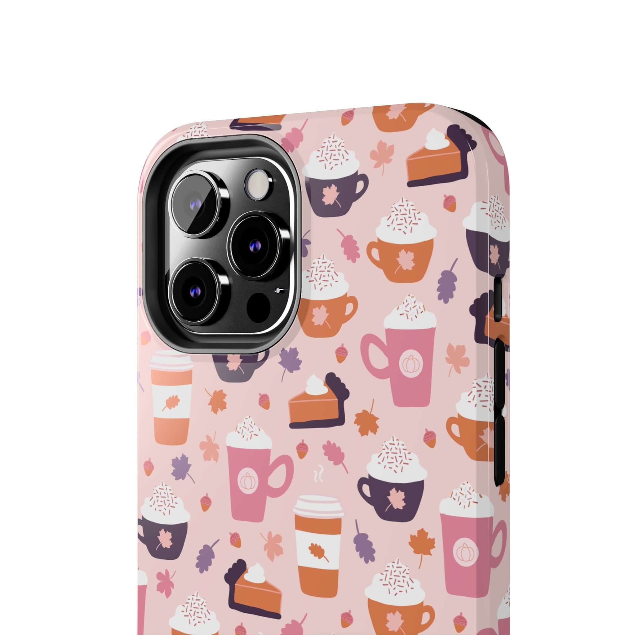 Cute PSL Vibes iPhone 15 case with fall-themed design, featuring coffee cups and pumpkins to add a stylish touch and protection to your phone.