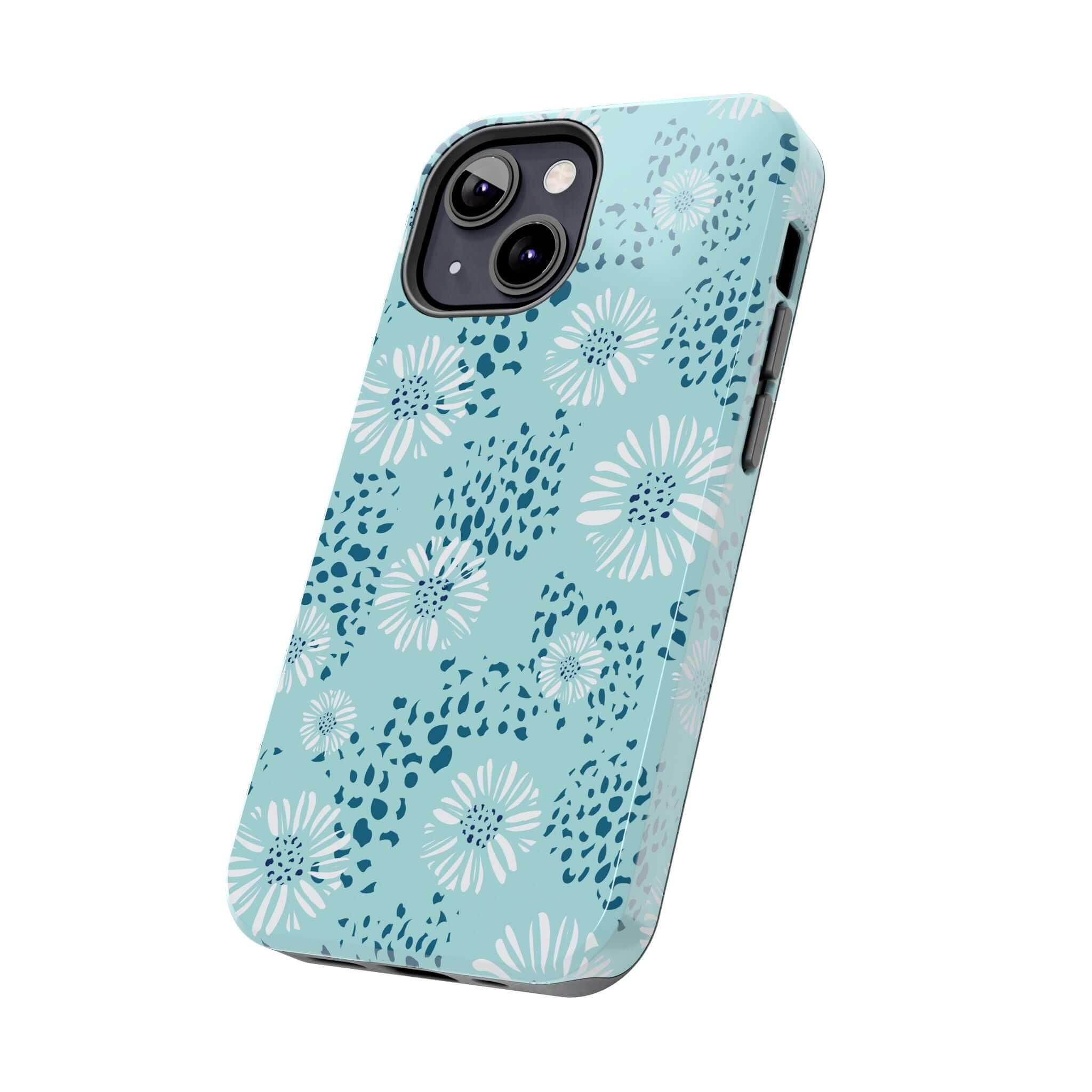 Teal Coastal Aesthetics Floral Beach iPhone Case with White Flowers - Cute and Colorful iPhone 14 Pro Max Case