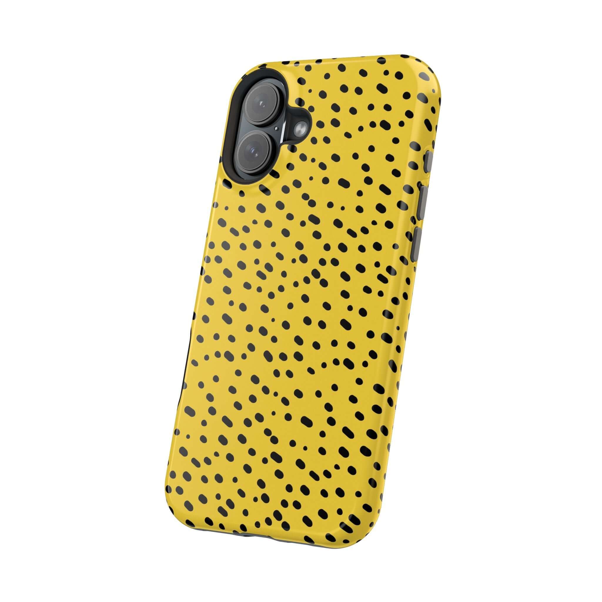 Colorful yellow cheetah spot iPhone case by Spot On, featuring abstract design and MagSafe compatibility for a cute, protective look.