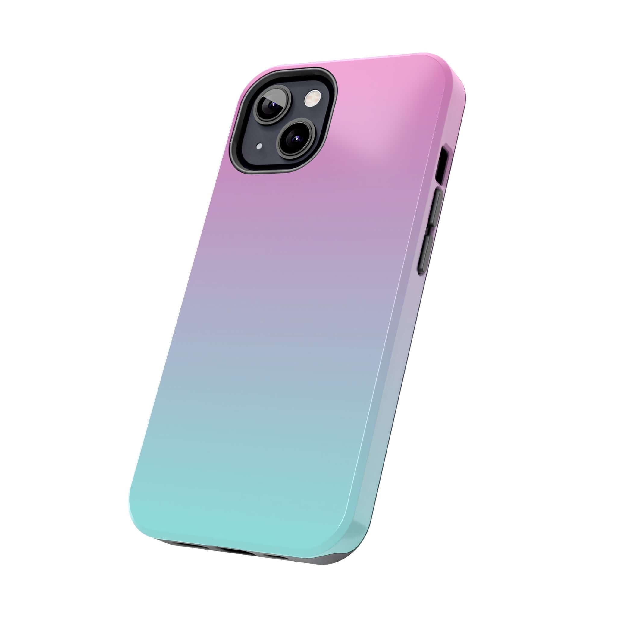 Cute iPhone 14 case in pink and teal gradient, Sweet Pink Dreamer design, stylish phone cover with free shipping.