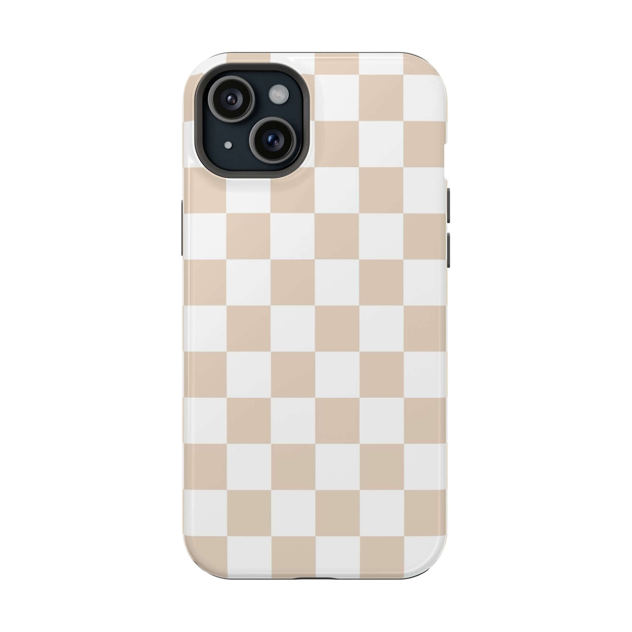 Cream Checkered MagSafe iPhone 16 case with beige checkered print, cute protective phone case.