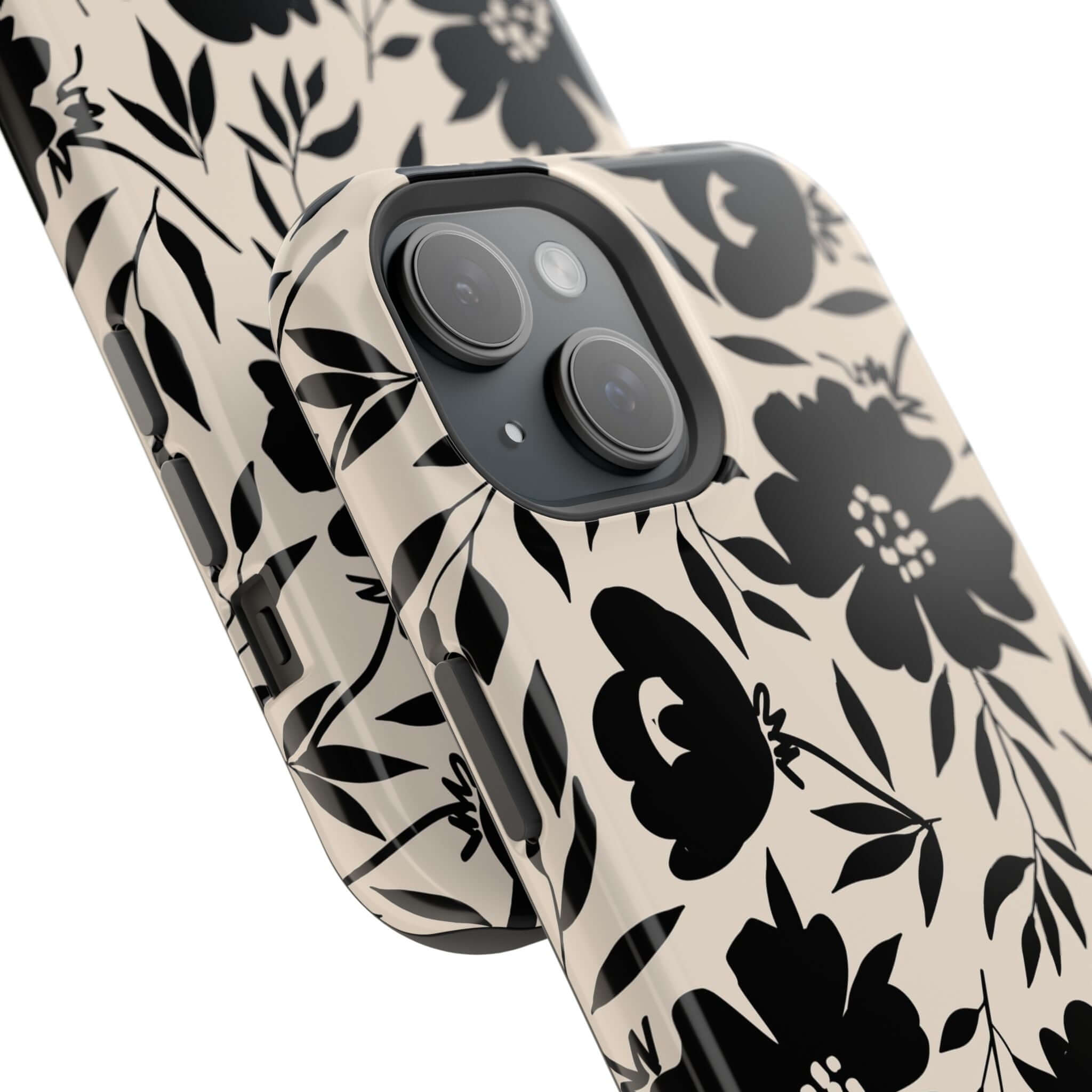 Eclipse Garden Black Floral Cute Phone Case for iPhone 16 featuring bold black flower design for a fantasy-inspired look.